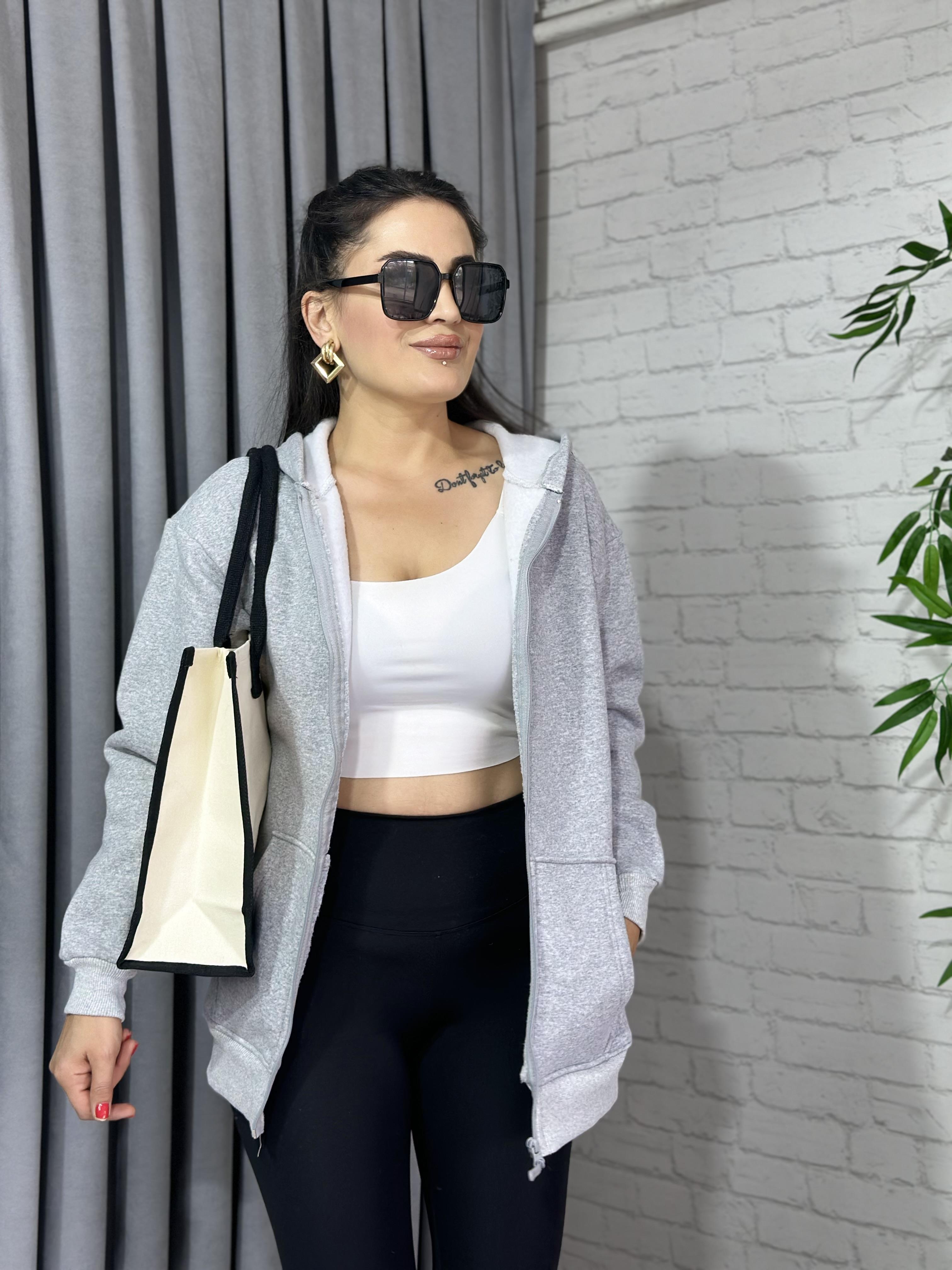 Gri Oversize Üç İplik Fermuarlı Kapşonlu Sweatshirt