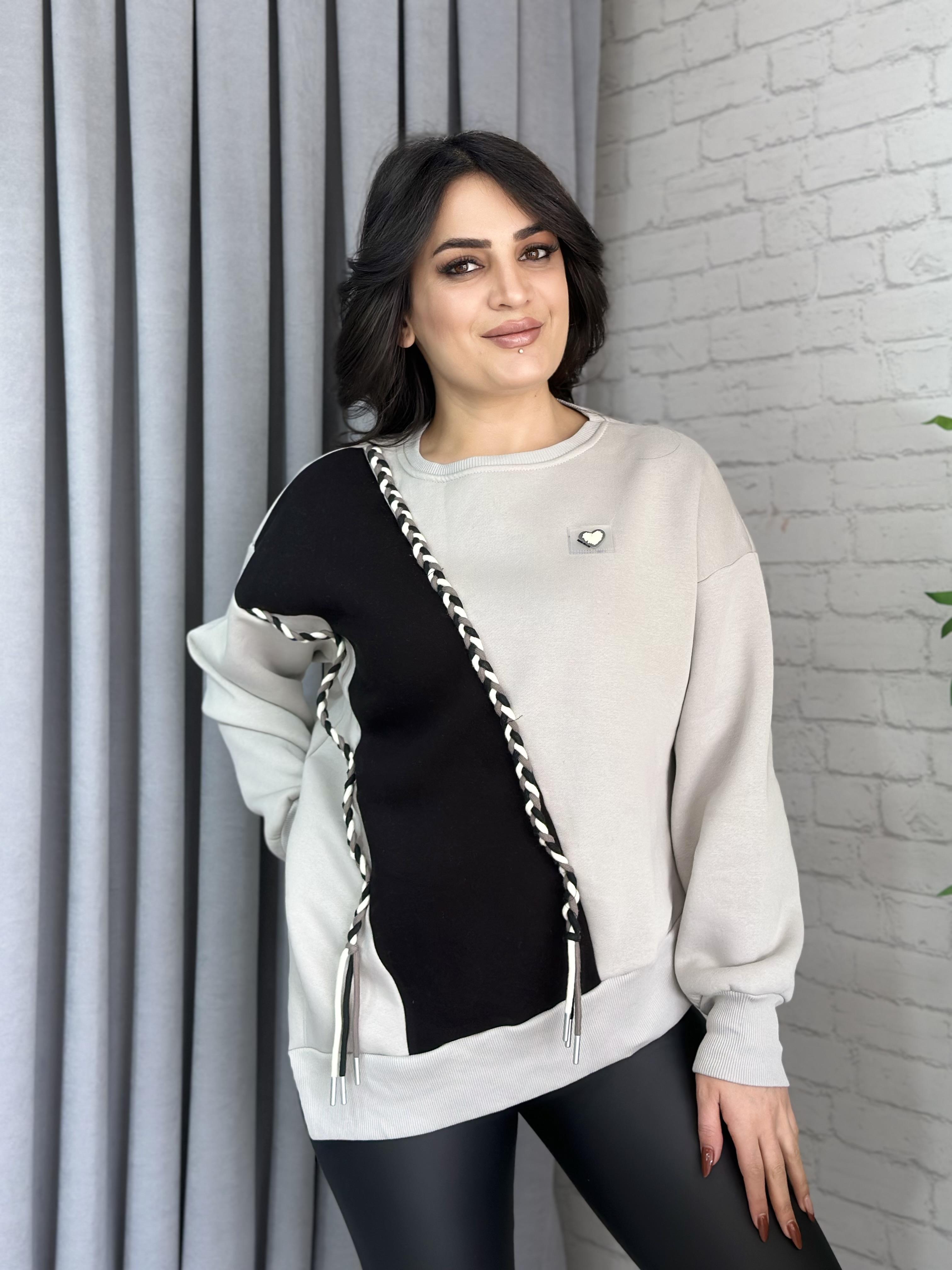 Gri Siyah Saç Örgü Desenli Pamuklu Sweatshirt