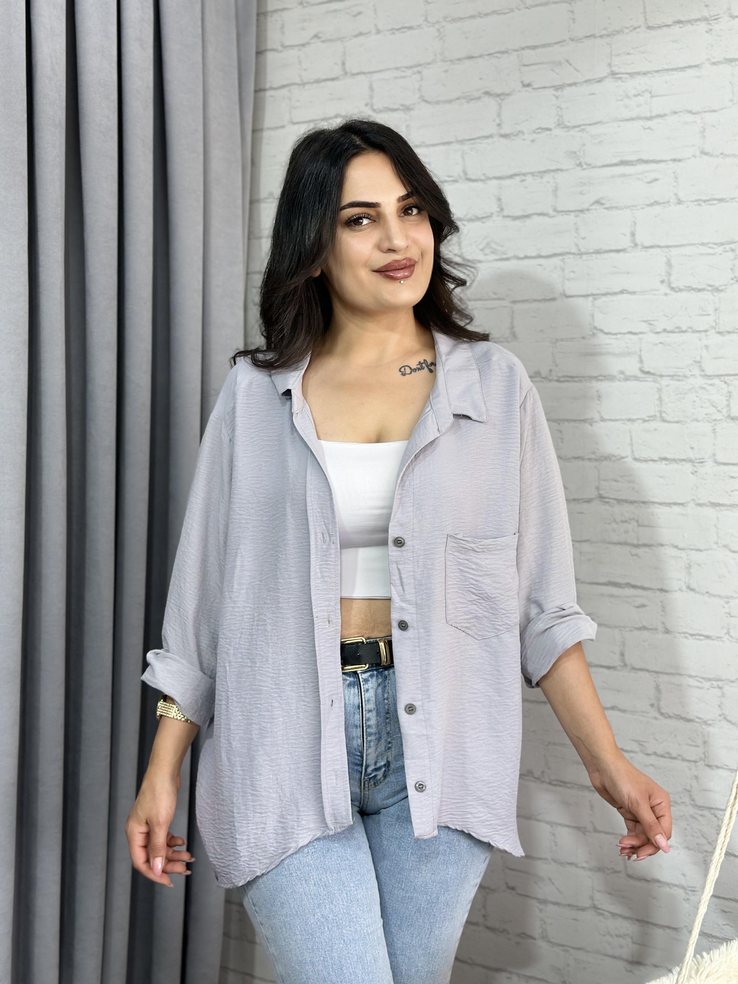 Gri Tensel Bambu Oversize Cepli Gömlek