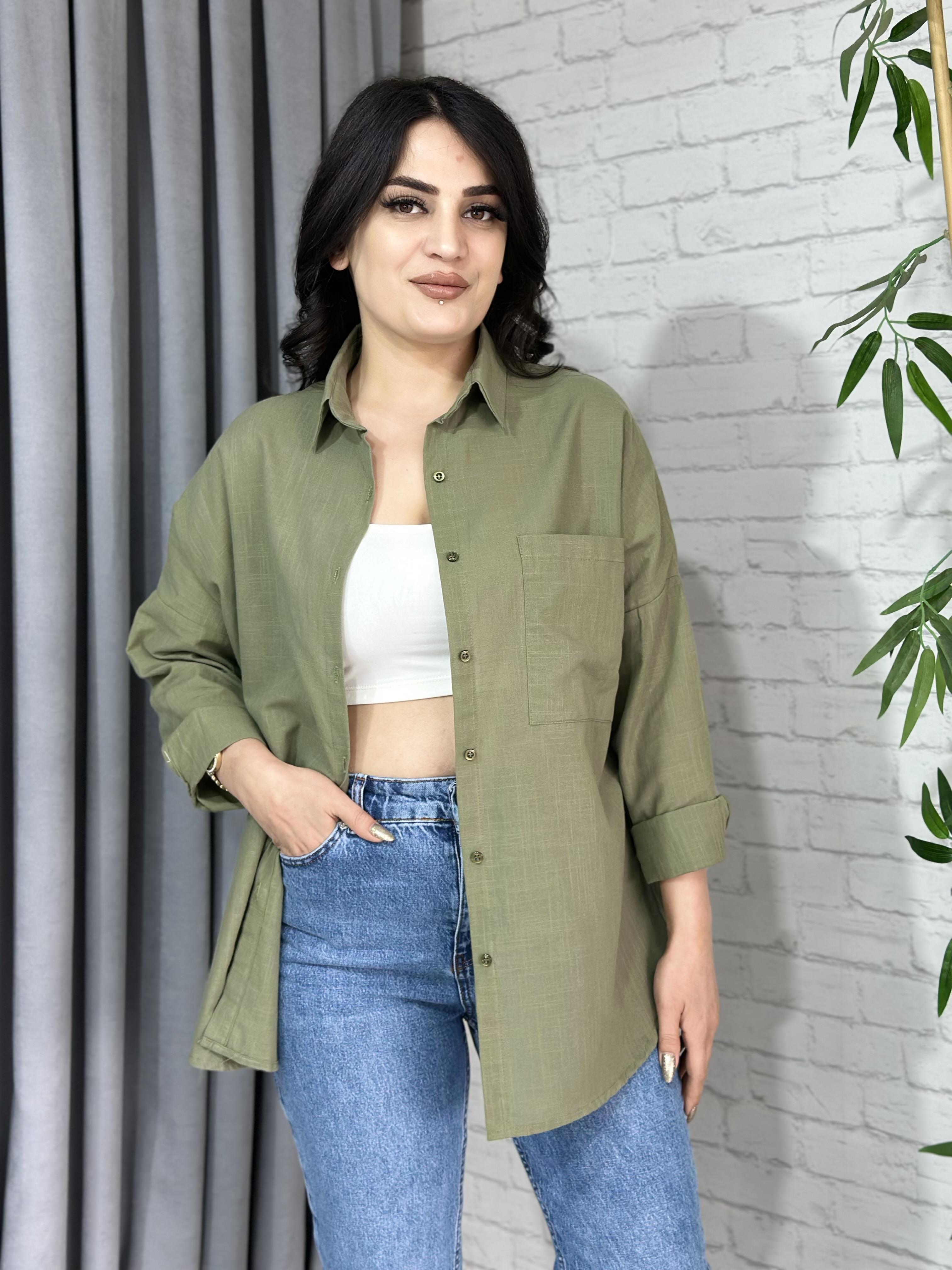Haki Oversize Cepli Keten Gömlek A099 
