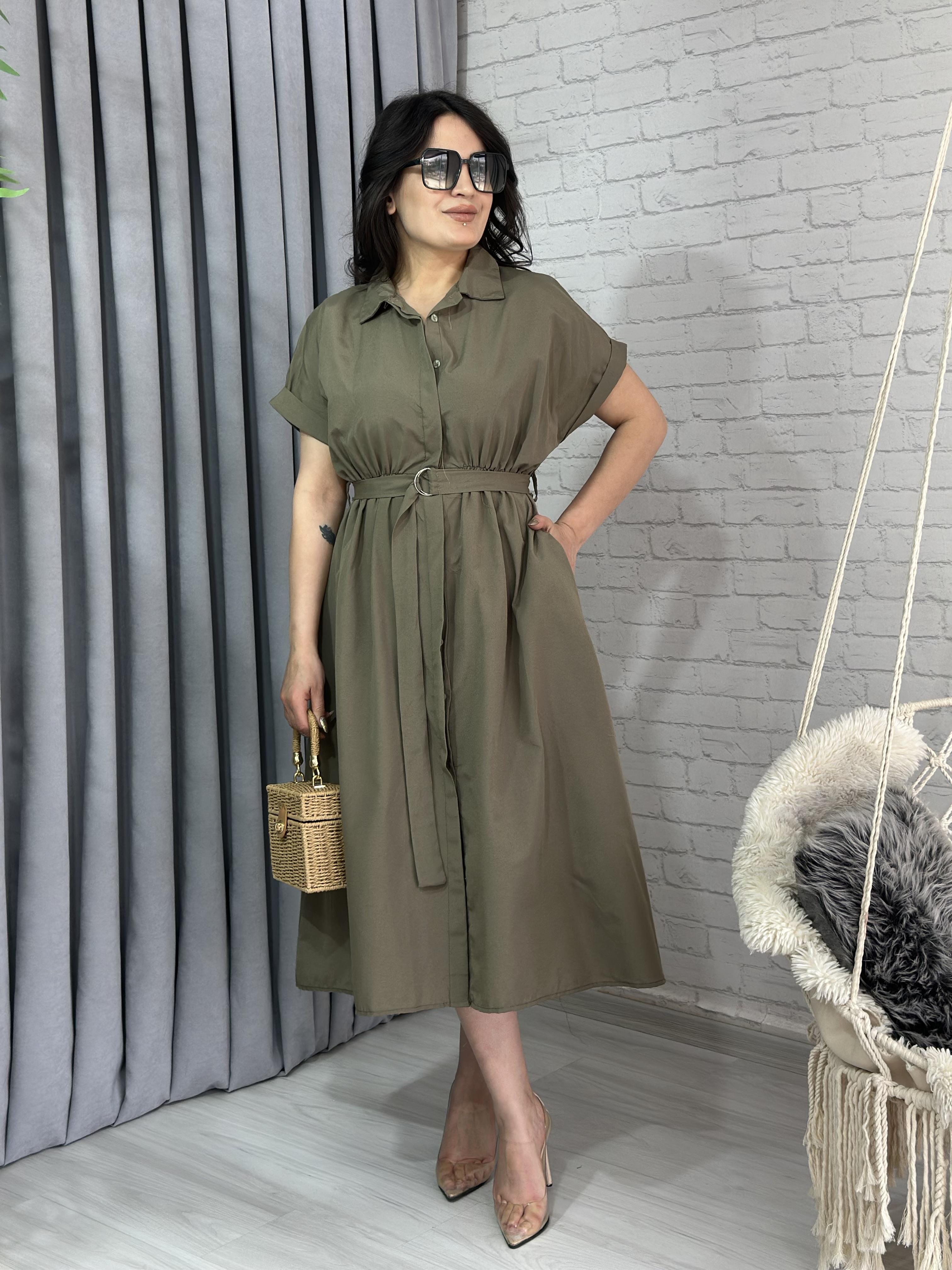 Haki Poplin Kumaş Beli Lastikli Kemerli Midi Boy Elbise A044