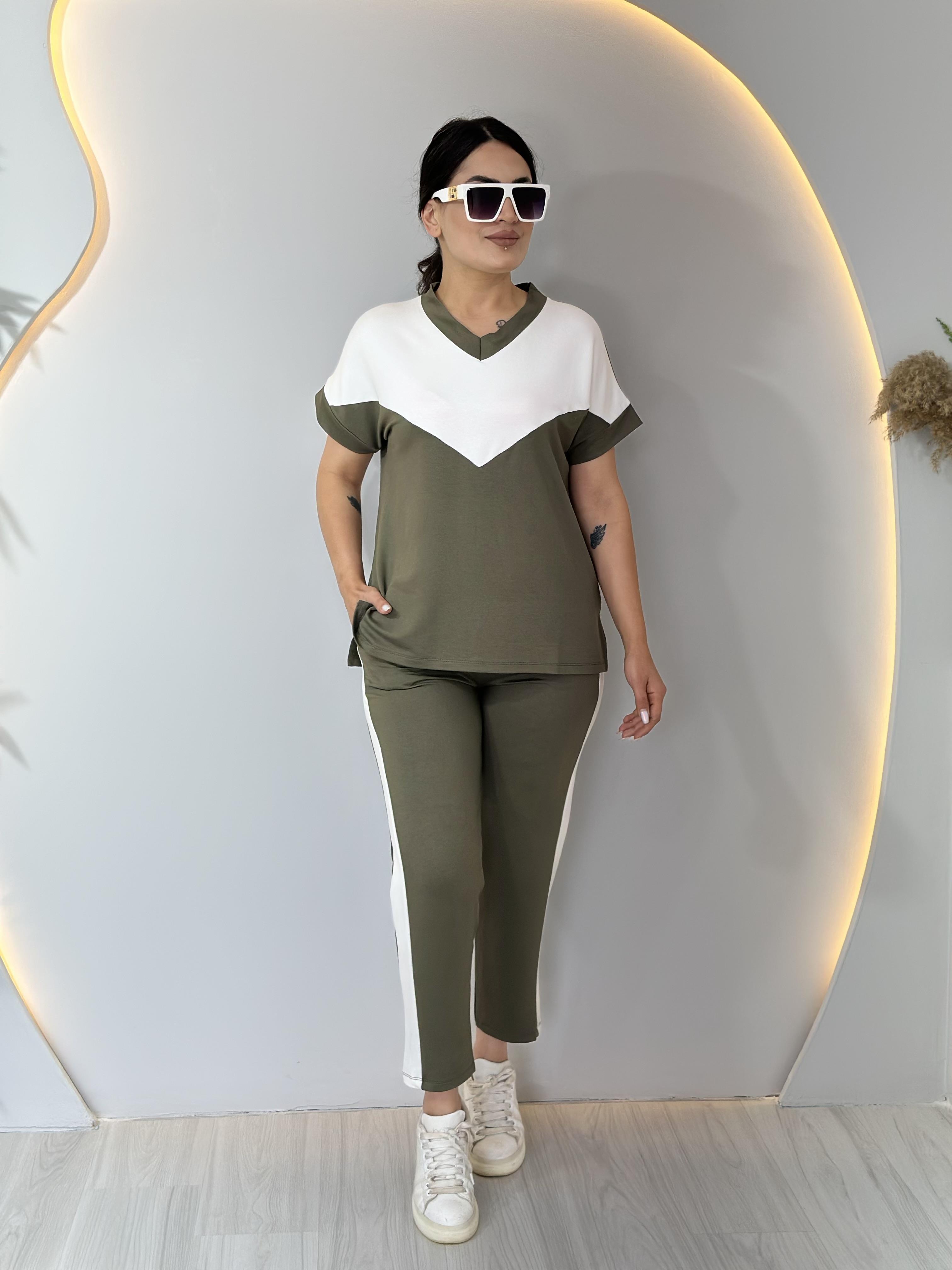 Haki V Yaka Modal Şerit Detay İkili Takım A700