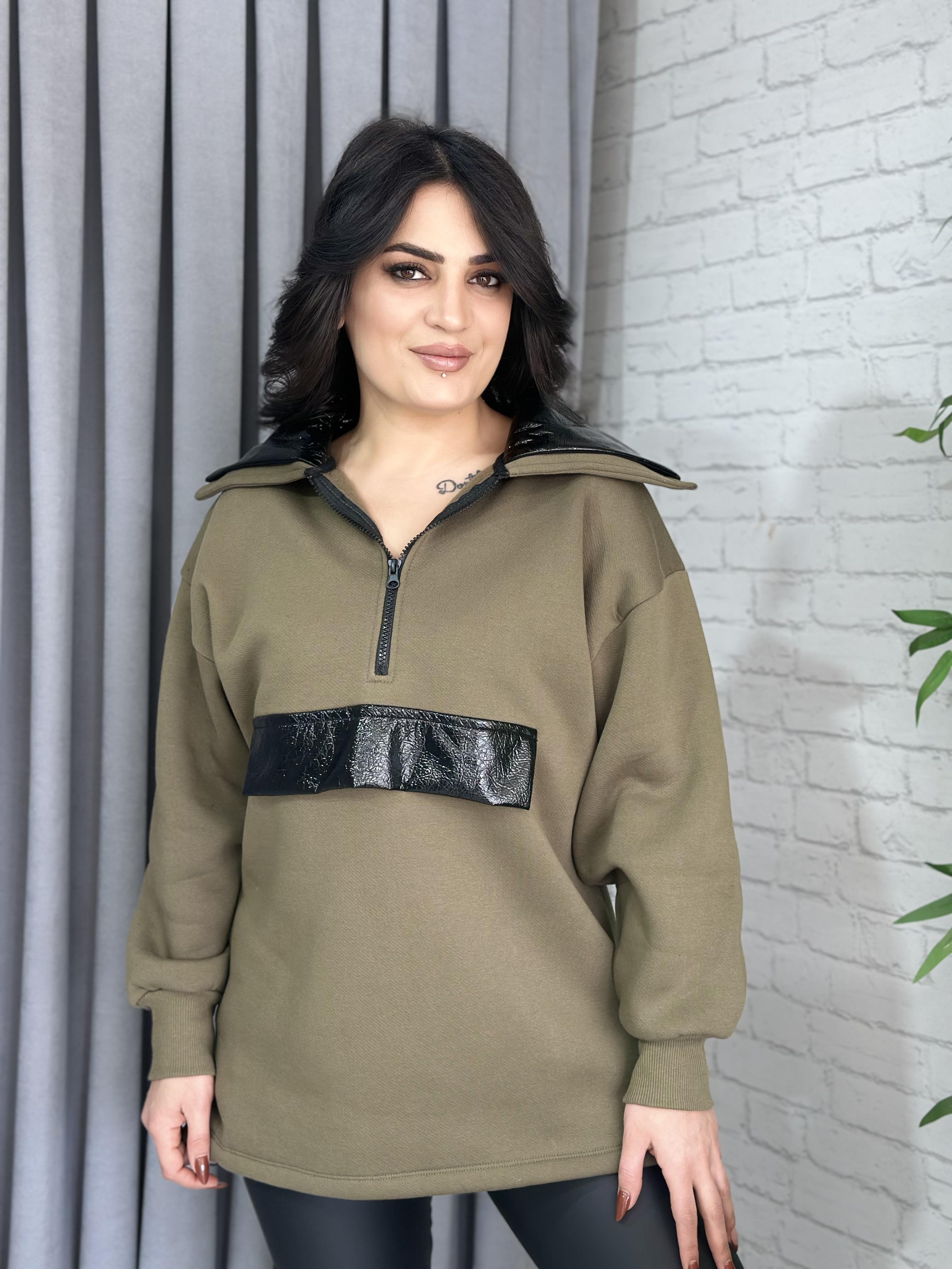 Haki Yarım Fermuarlı Polar Sweatshirt 