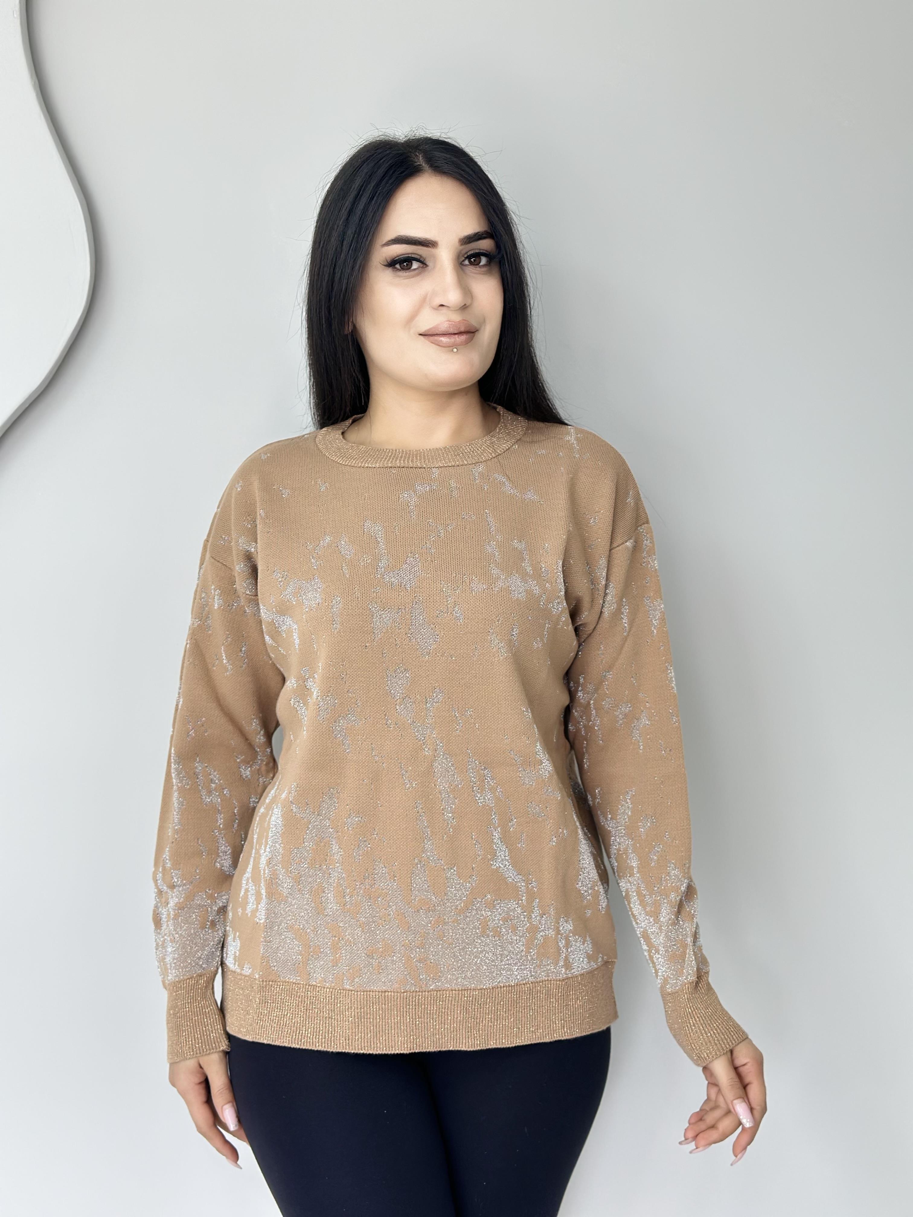 Happy Camel Bisiklet Yaka Sim İşlemeli Batik Desen Likralı Triko Kazak A205