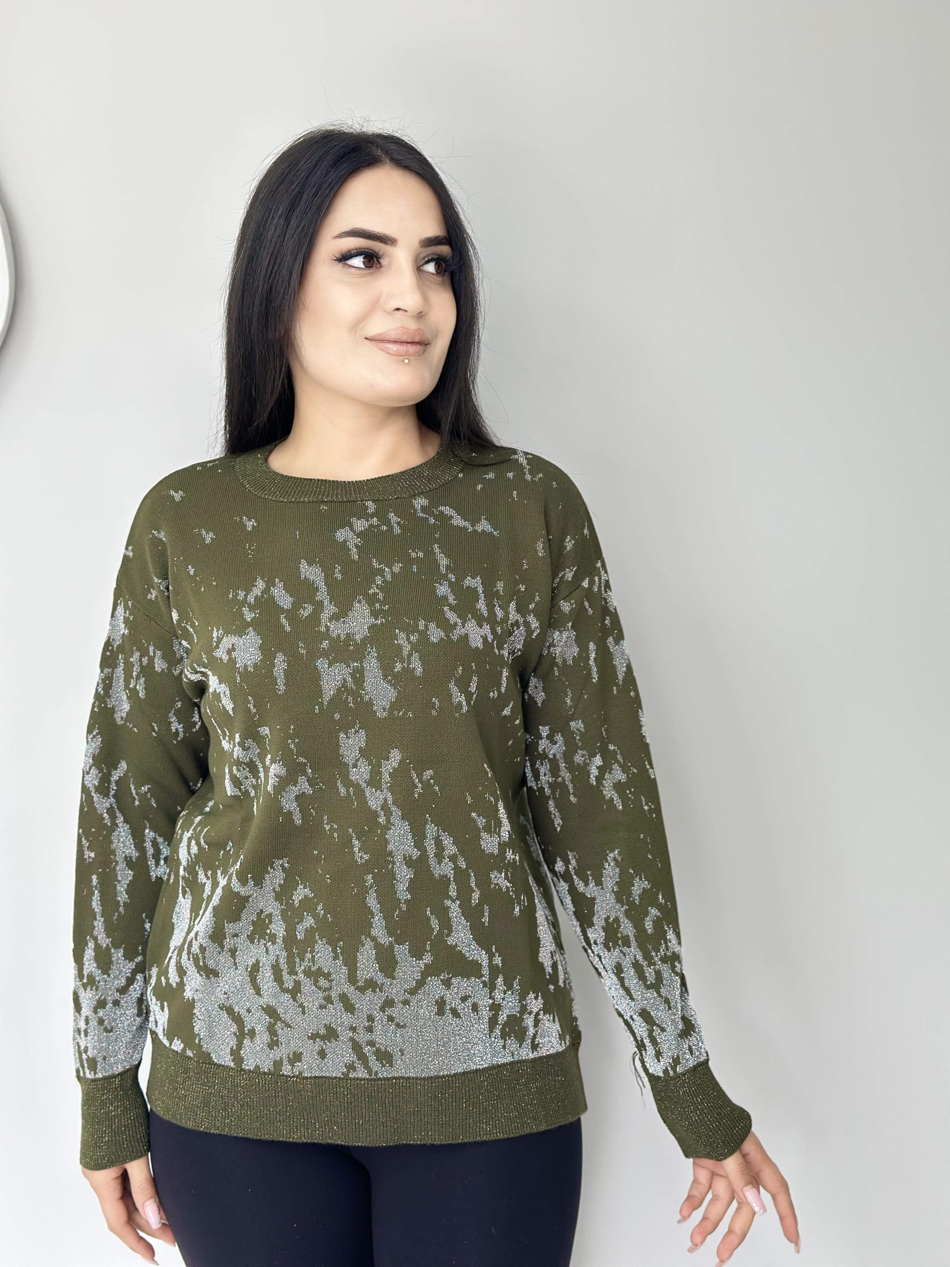 Happy Haki Bisiklet Yaka Sim İşlemeli Batik Desen Likralı Triko Kazak A203