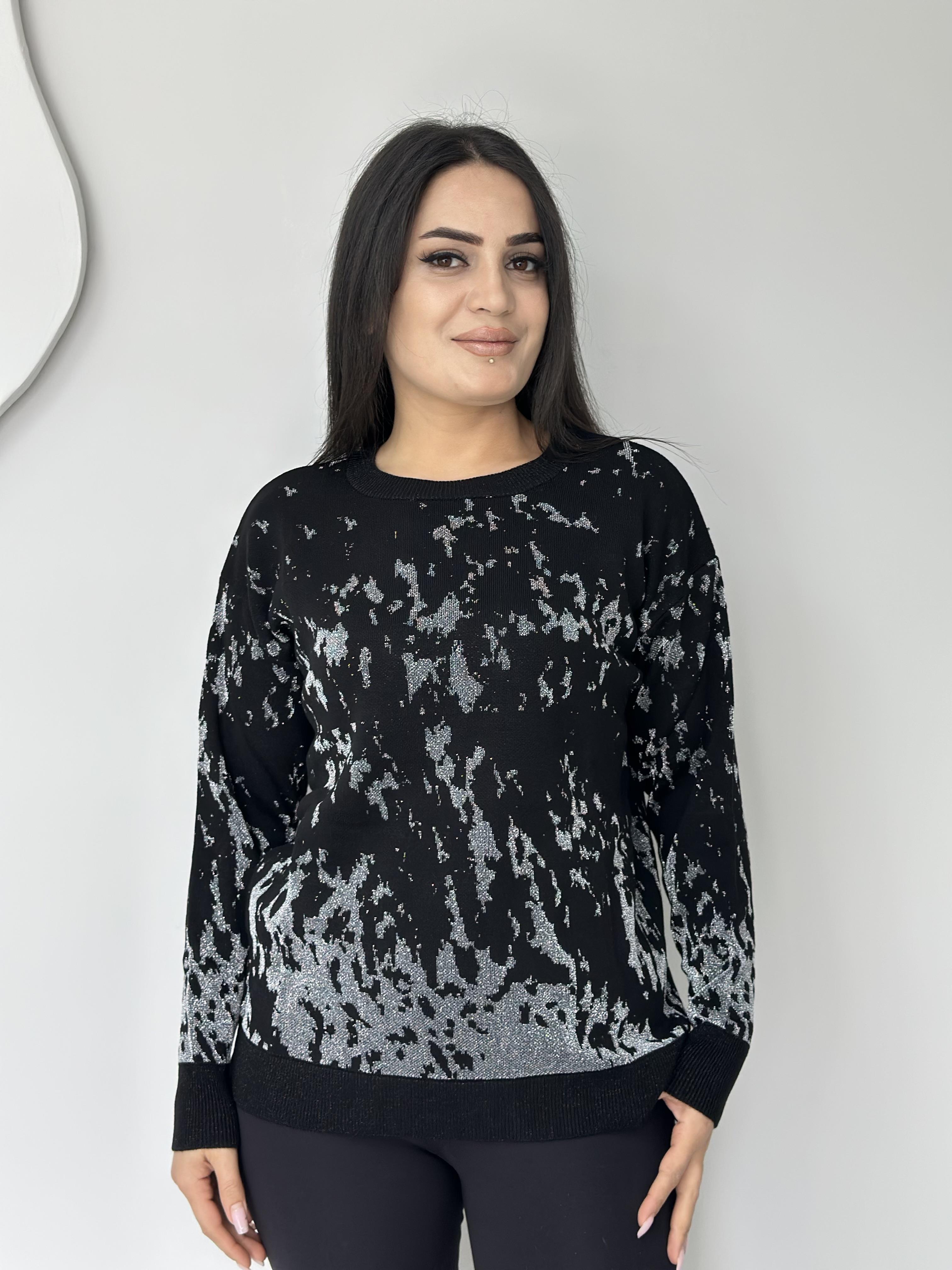 Happy Siyah Bisiklet Yaka Sim İşlemeli Batik Desen Likralı Triko Kazak A206 