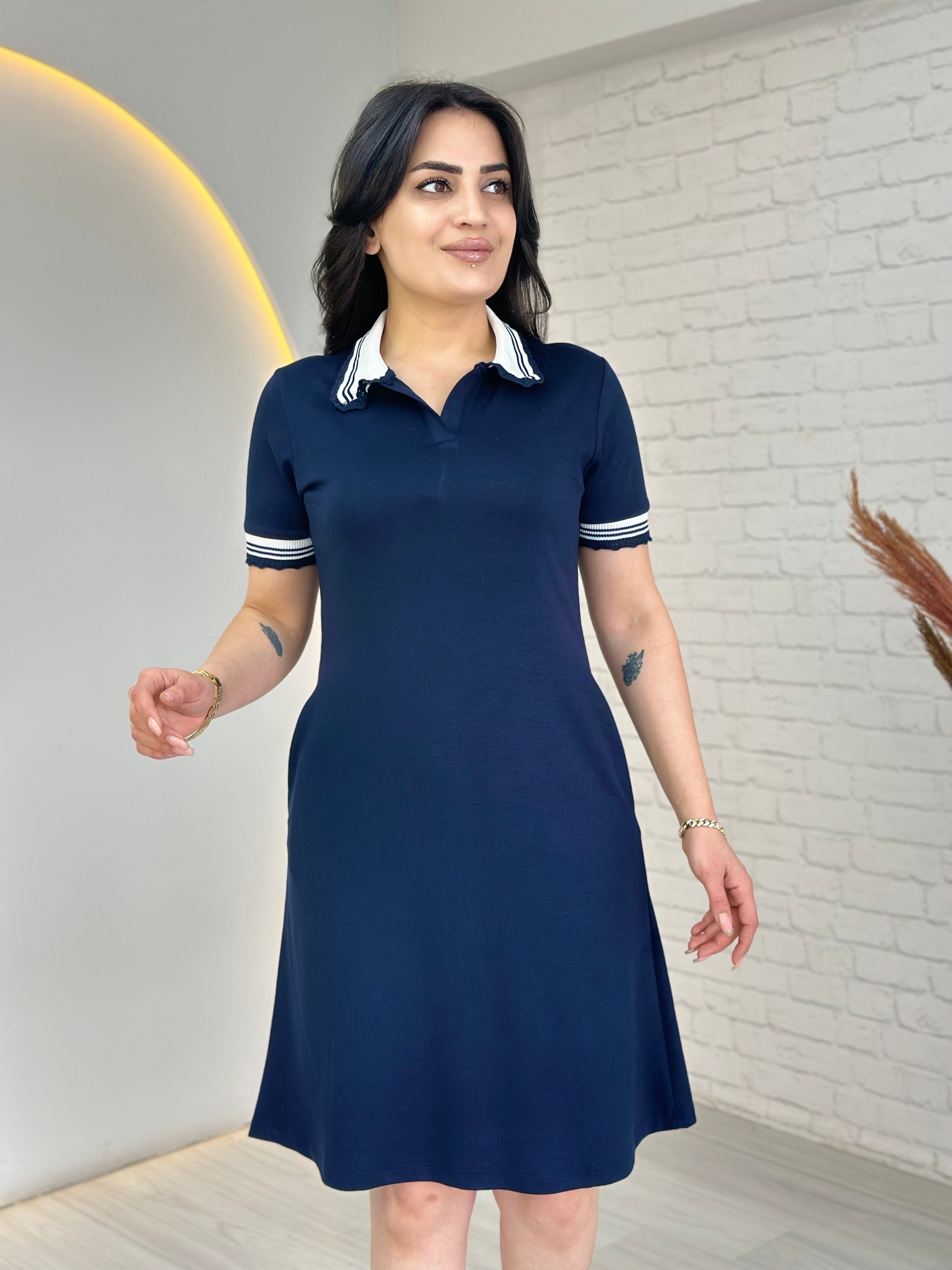 Harper Lacivert Polo Yaka Ribanalı Kısa Kol Modal Elbise D065