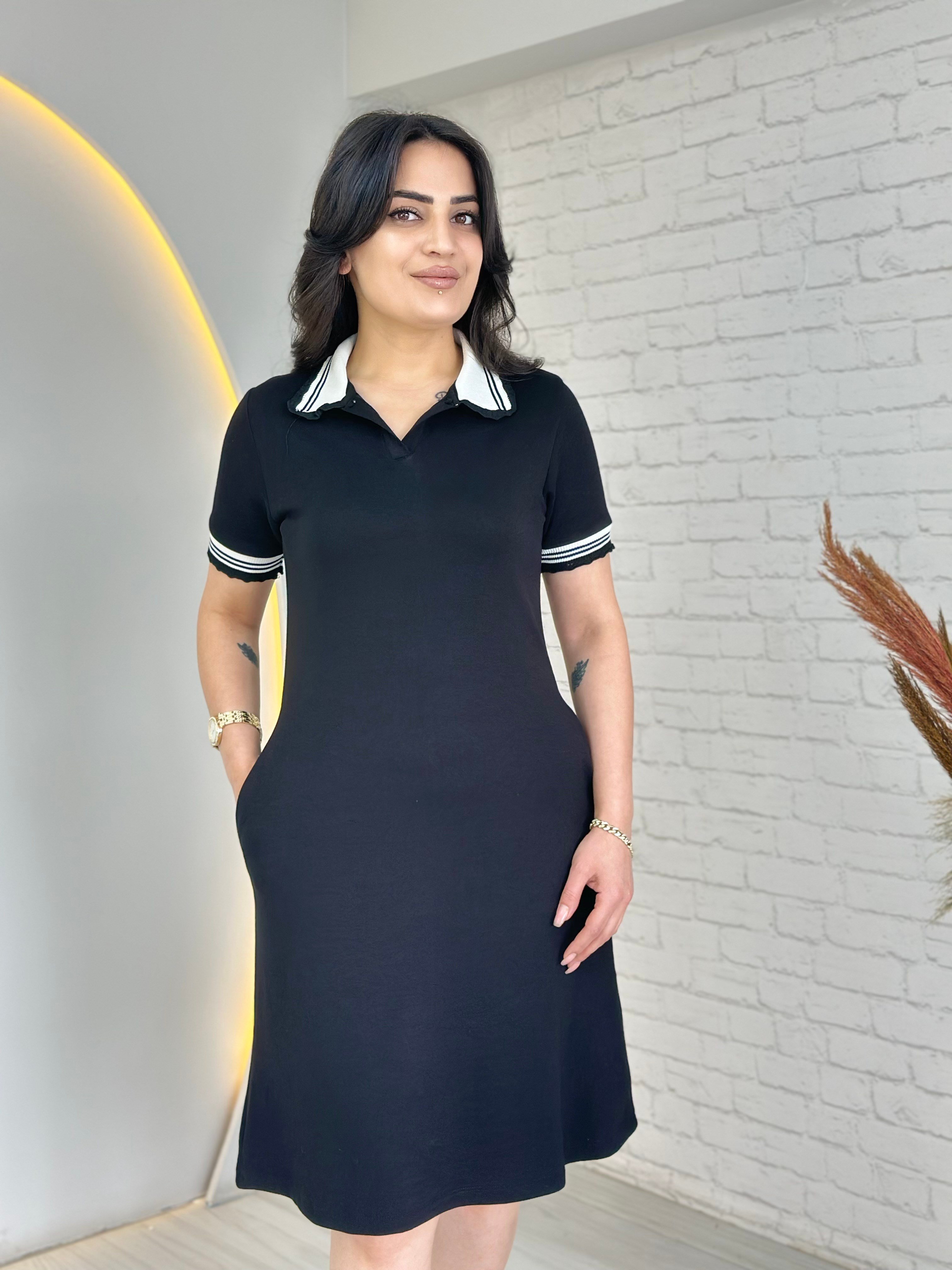 Harper Siyah Polo Yaka Ribanalı Kısa Kol Modal Elbise D065