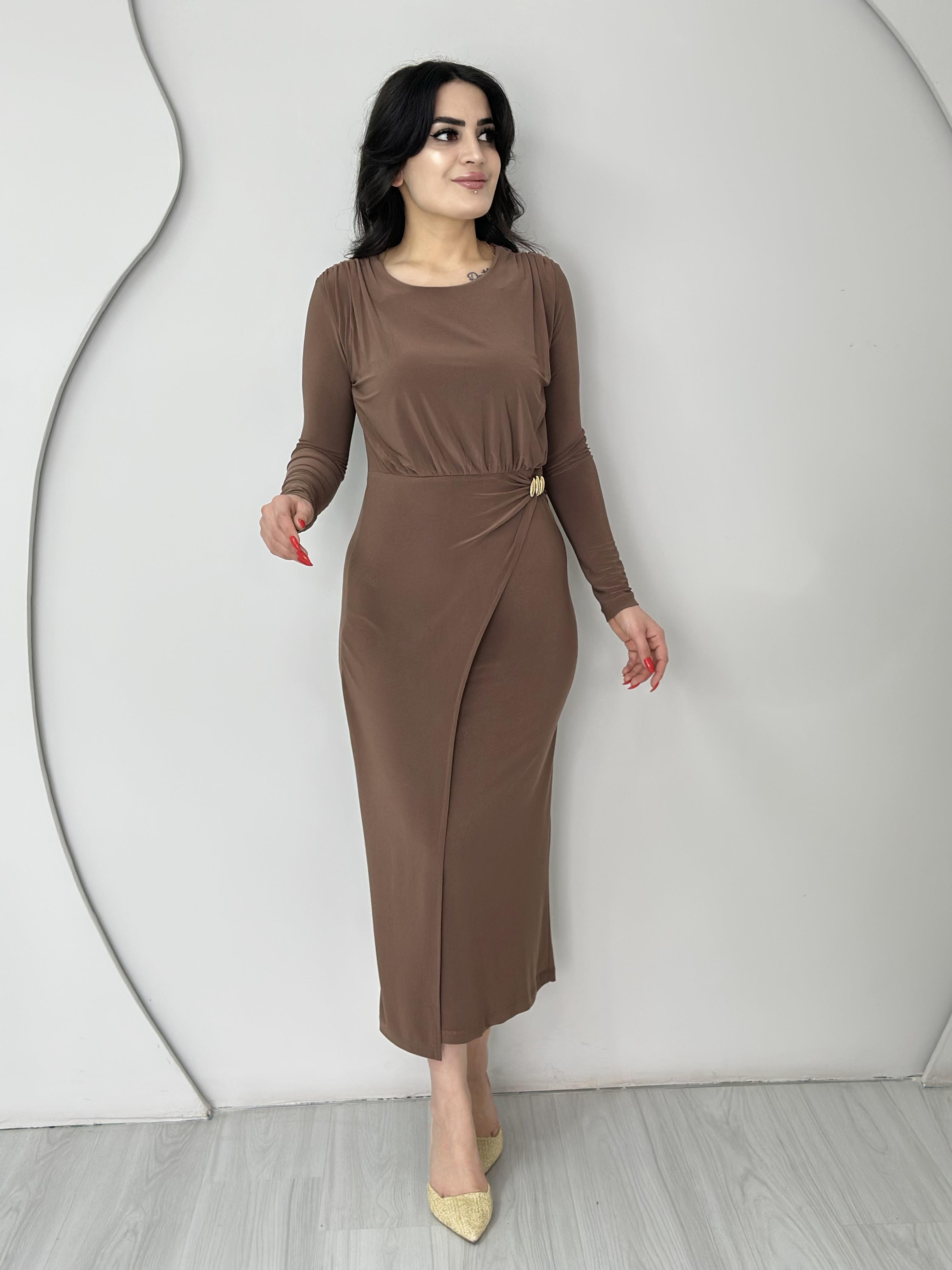 Hazego Kahve Bisiklet Yaka Gold Tokalı Sandy Kumaş Elbise D1111
