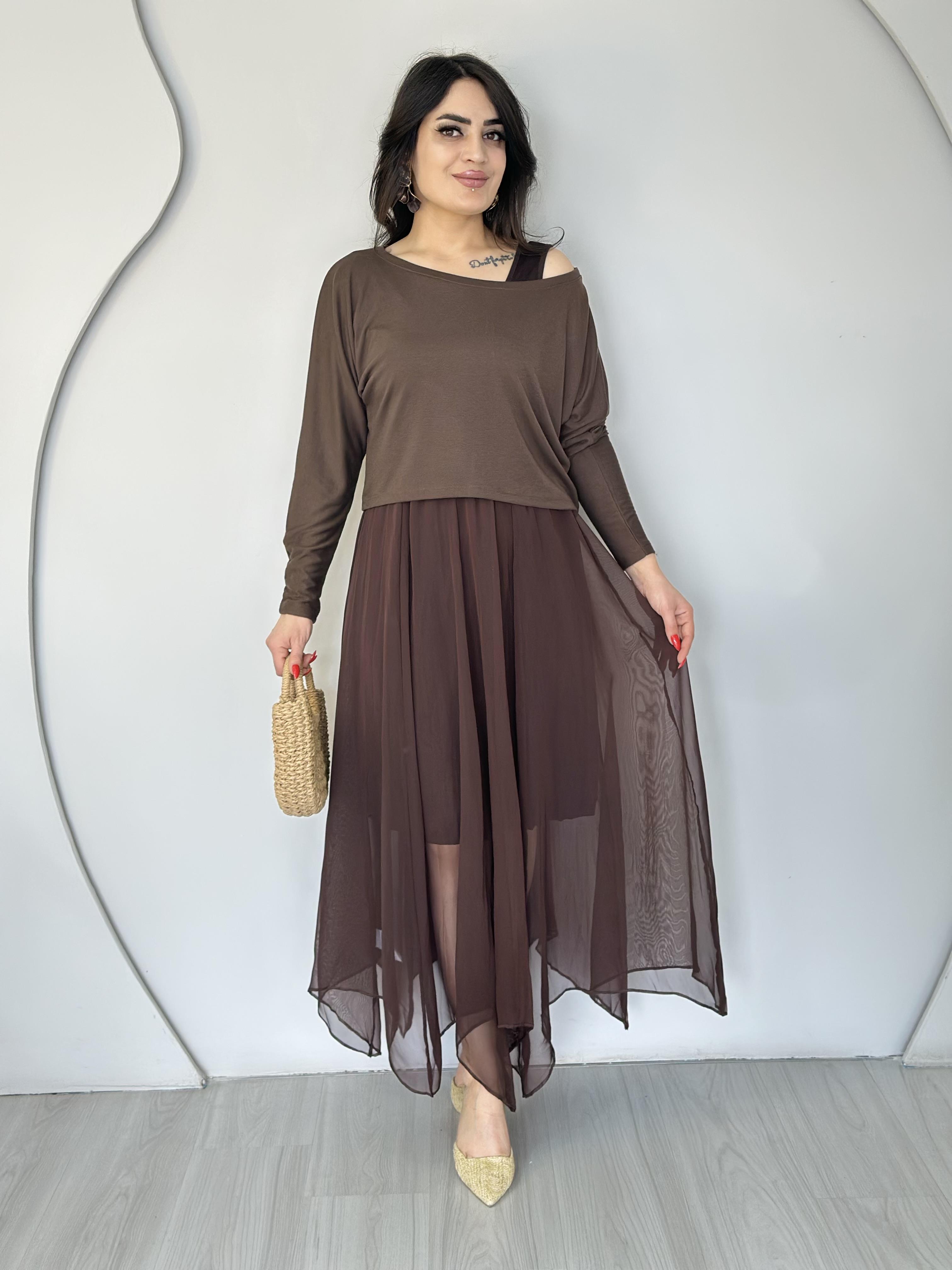 Herna Kahve Piliseli Asimetrik Kesim İkili Elbise R5656