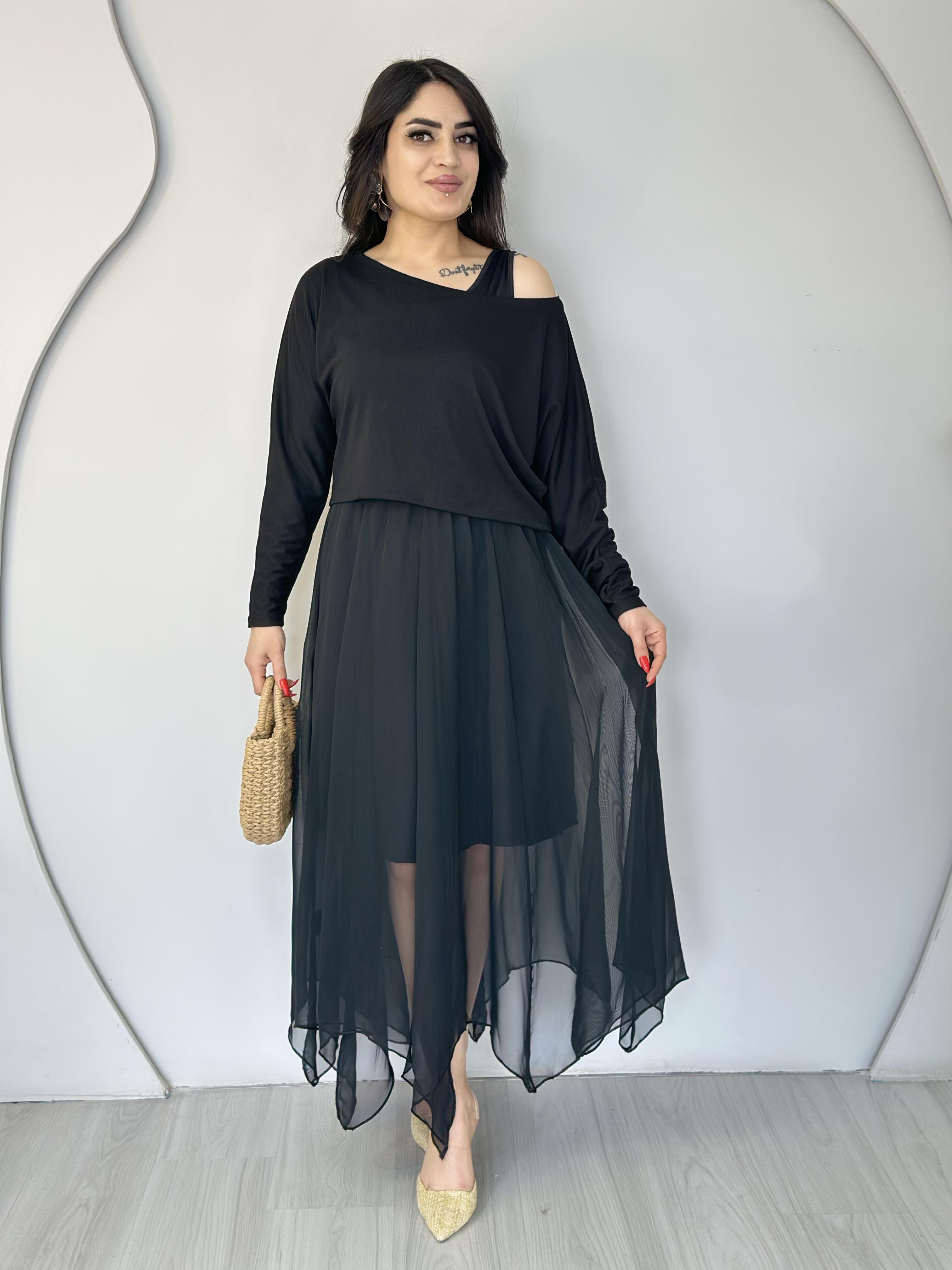 Herna Siyah Piliseli Asimetrik Kesim İkili Elbise R5656
