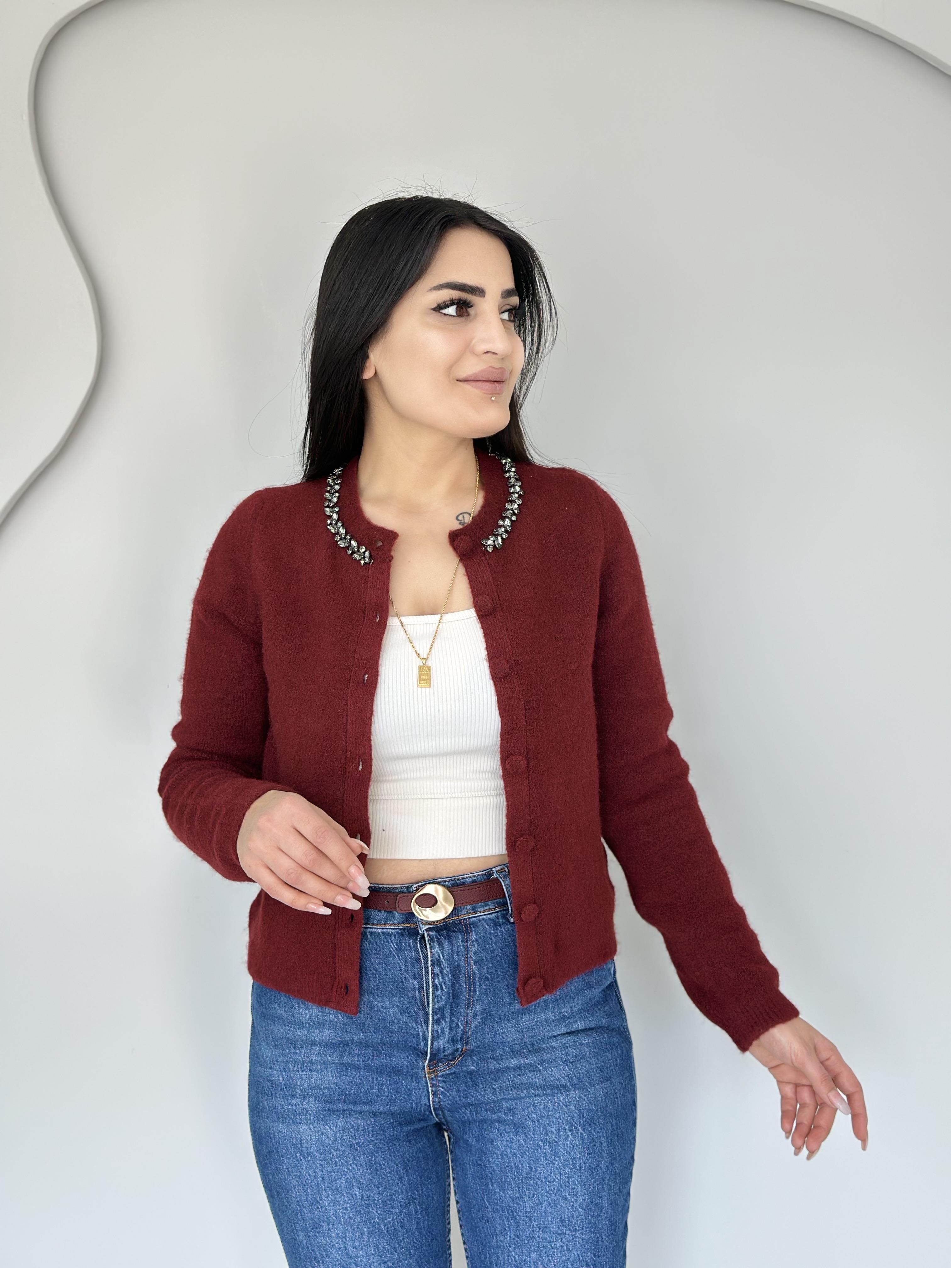 Icon Bordo Düğmeli Yakası Taşlı Triko Hırka C4141