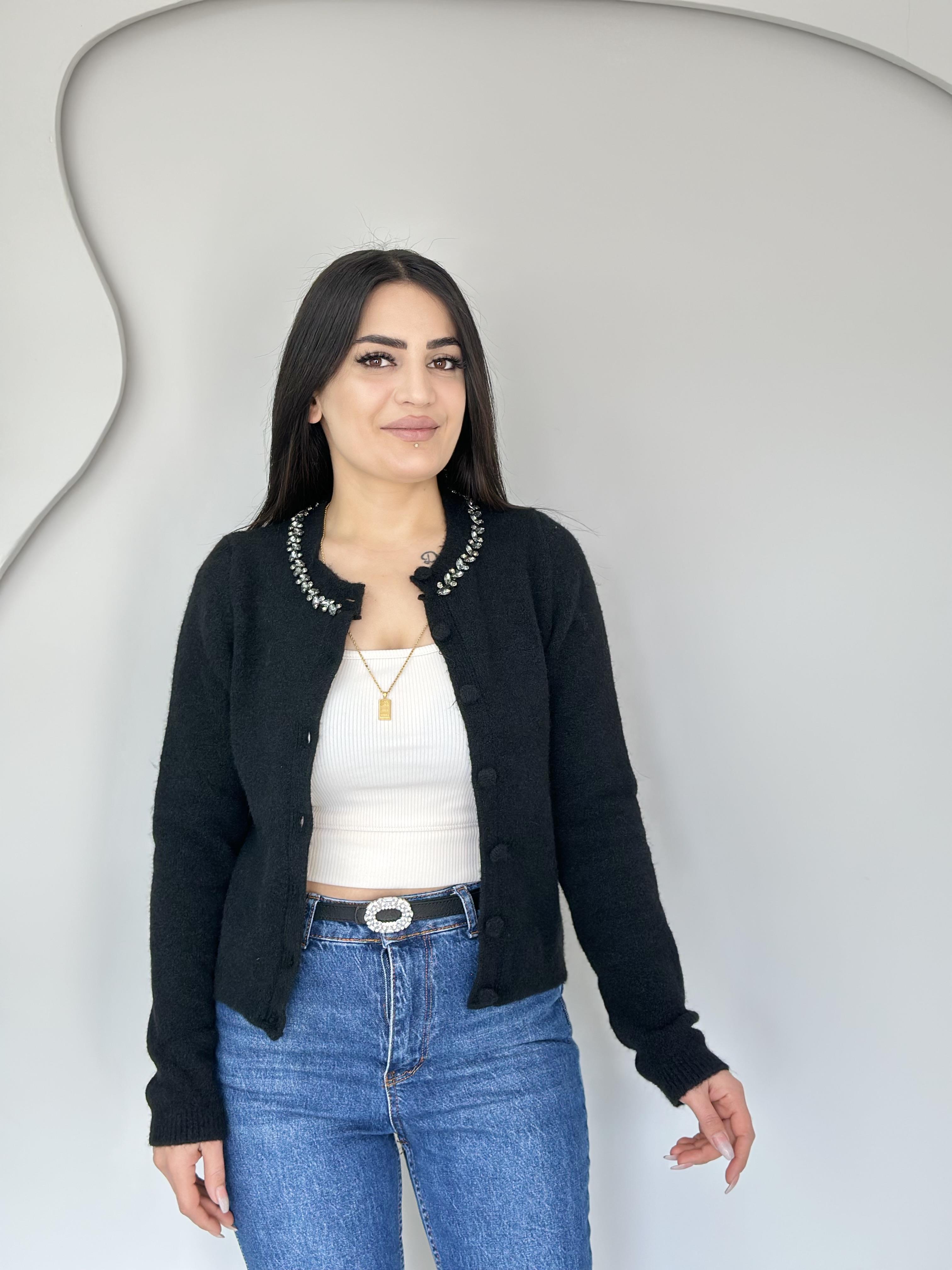 Icon Siyah Düğmeli Yakası Taşlı Triko Hırka C4141