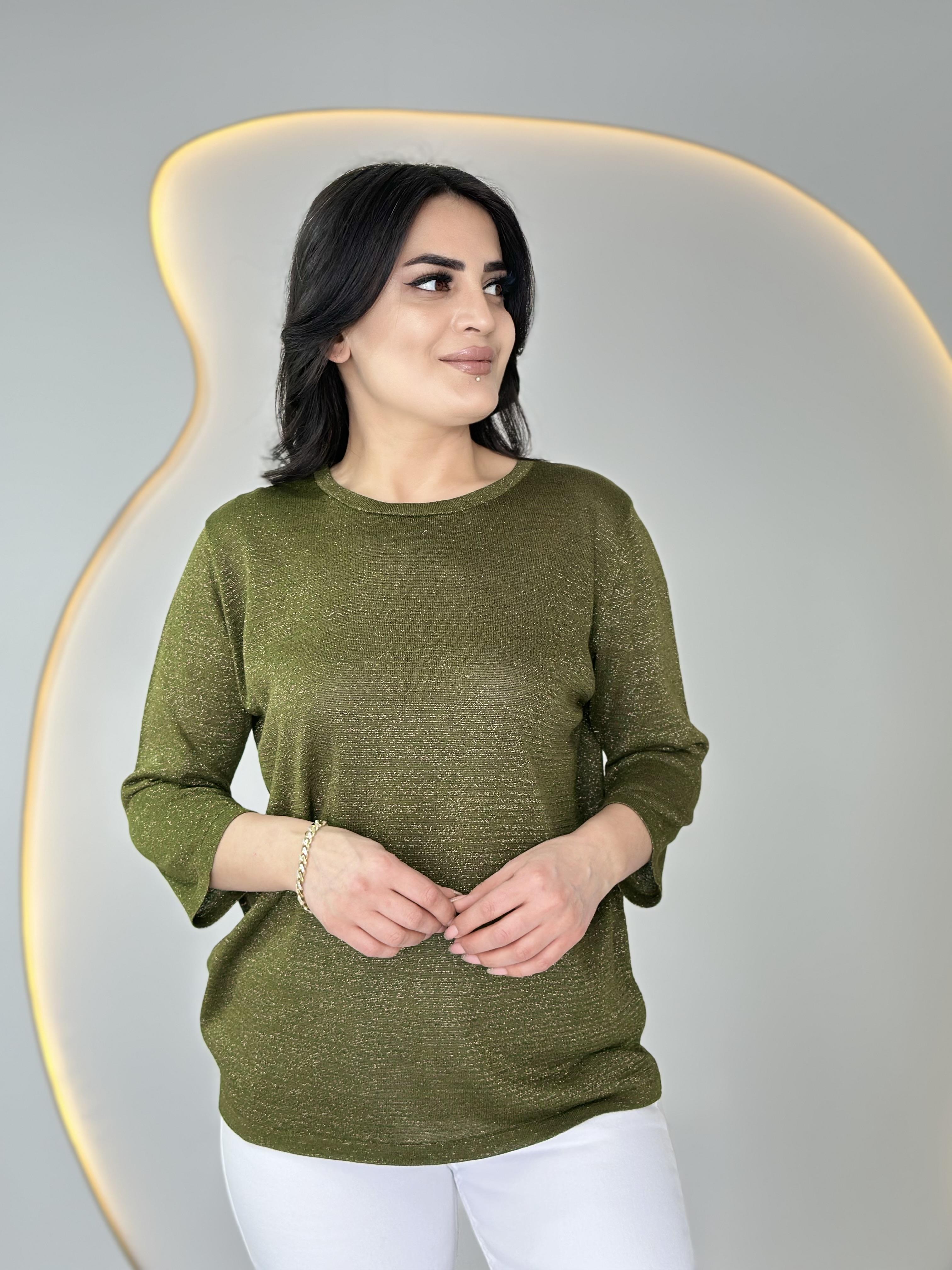 İlka Haki Bisiklet Yaka Sim İşlemeli Triko Buz D022