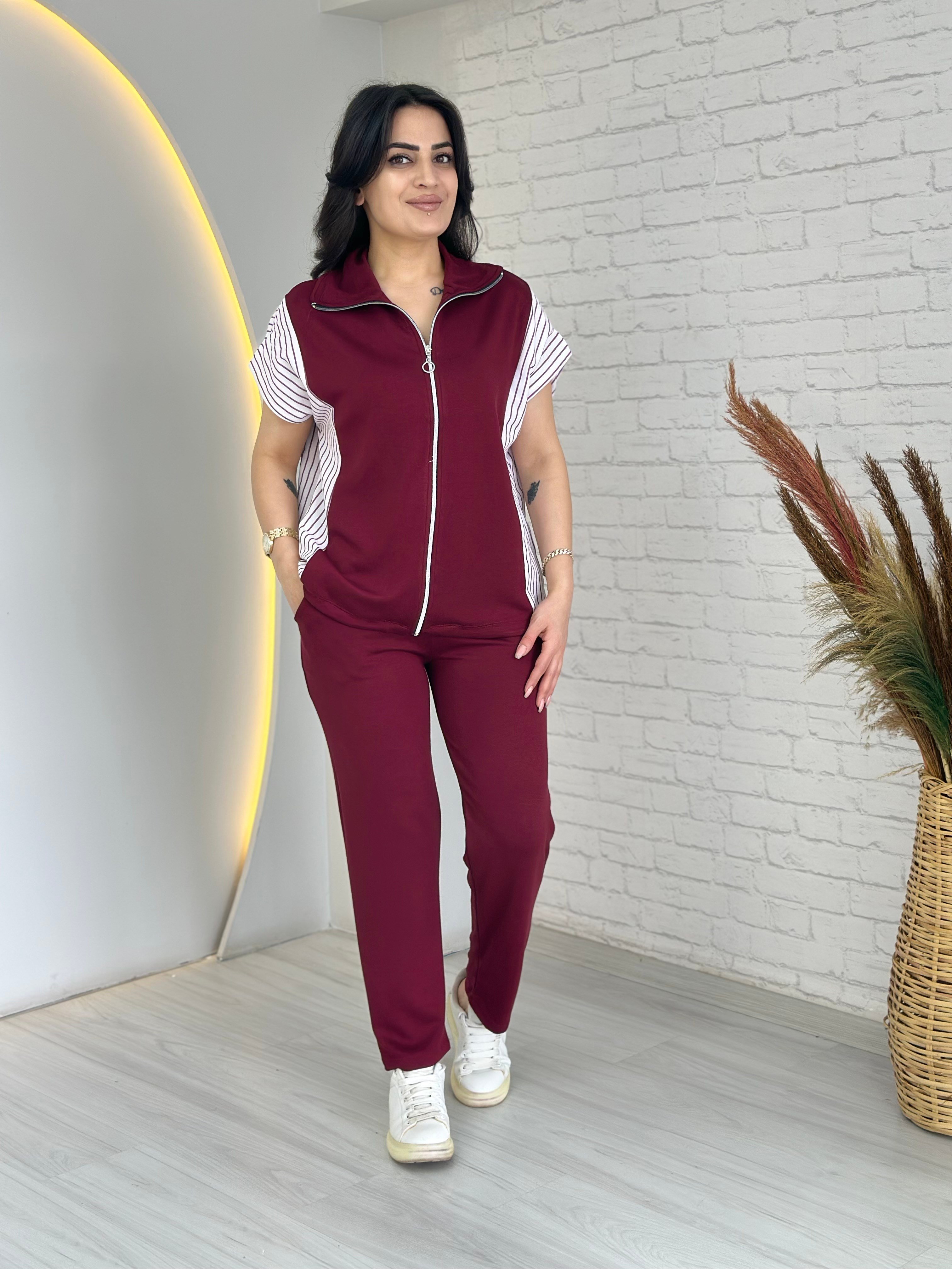 İmar Bordo Çizgili Fermuarlı Bel lastikli Yelek Pantolon Takım D071