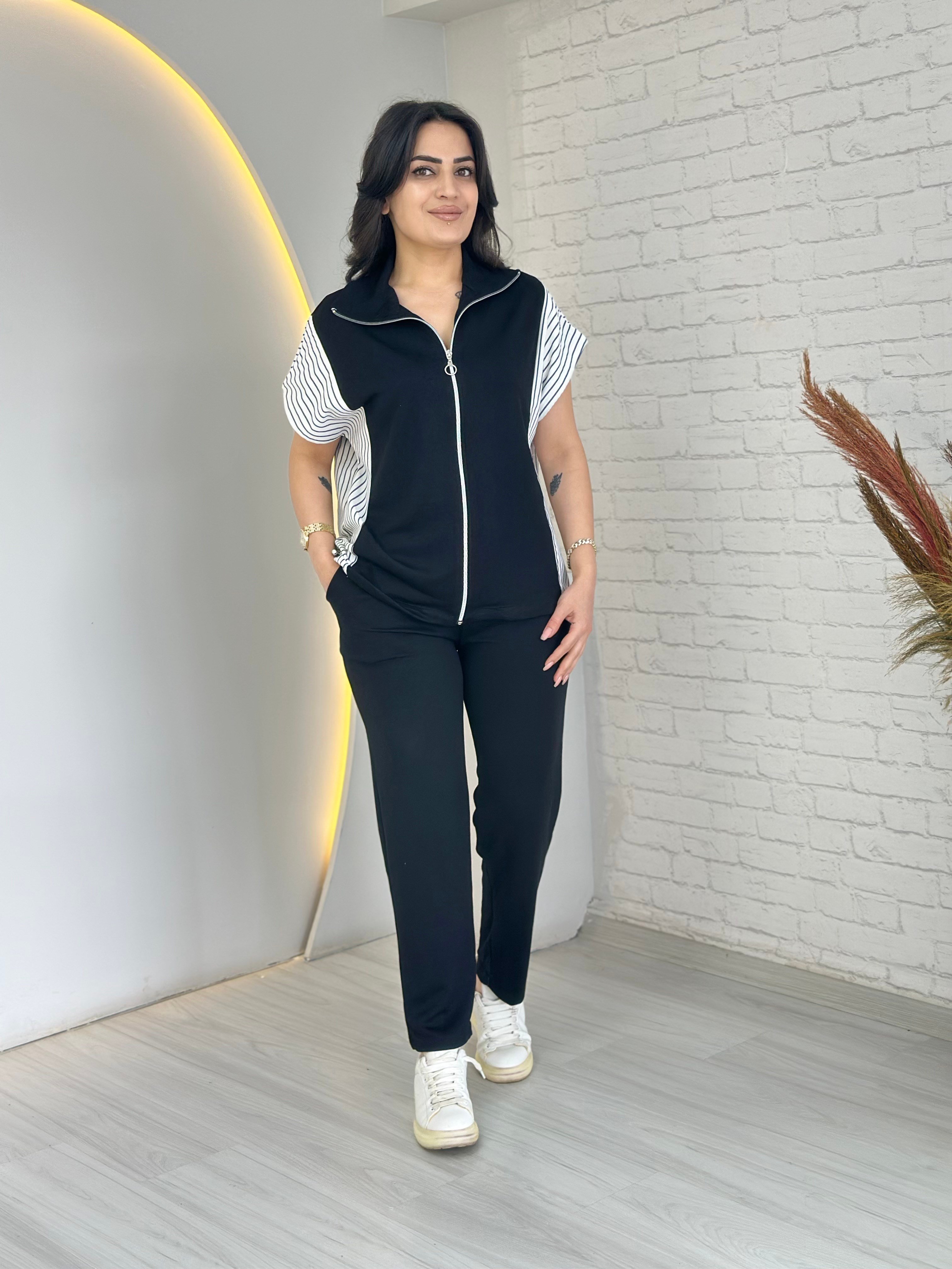 İmar Siyah Çizgili Fermuarlı Bel lastikli Yelek Pantolon Takım D071