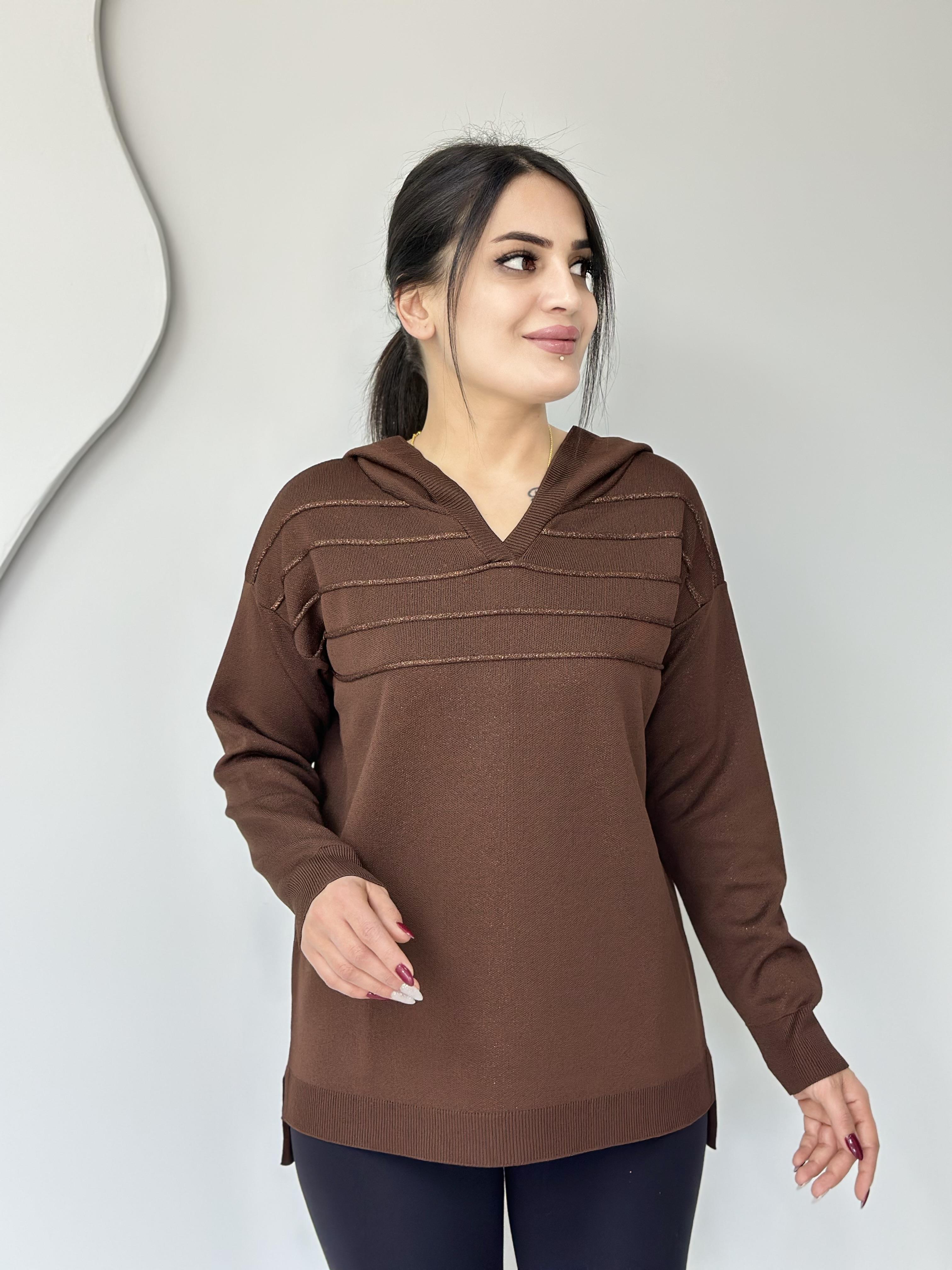 İnci Kahve Tasarım Kapüşonlu Triko Kazak A046