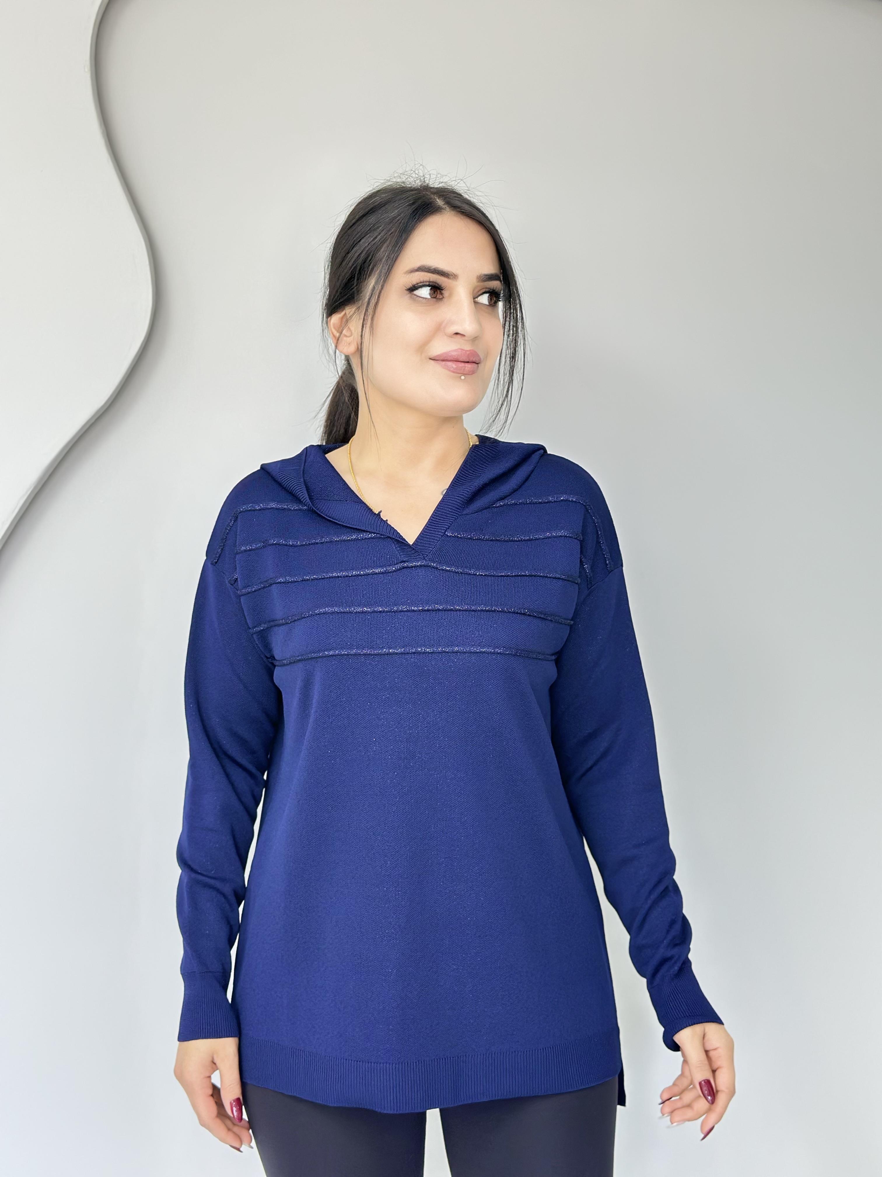 İnci Lacivert Tasarım Kapüşonlu Triko Kazak A044