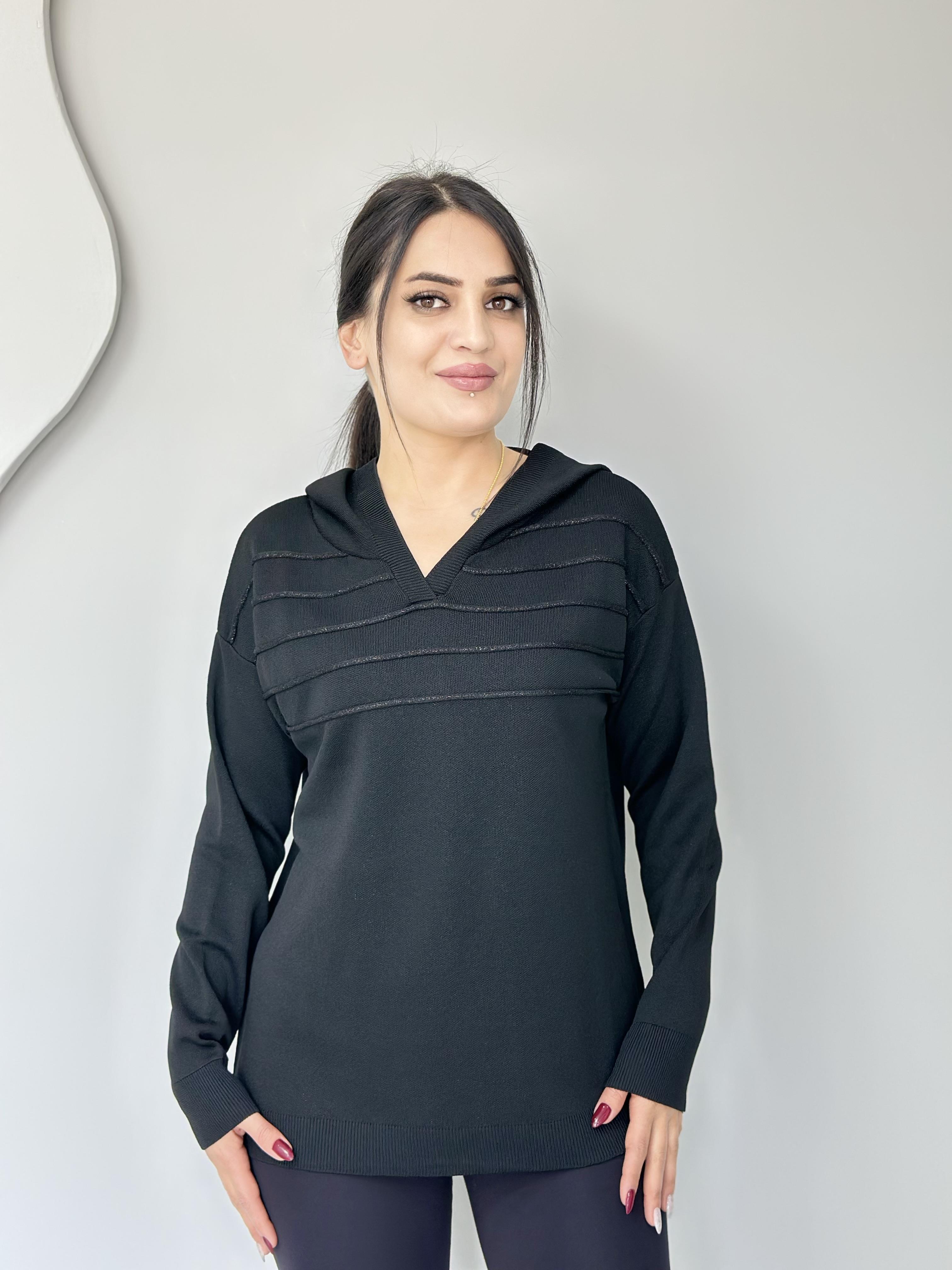 İnci Siyah Tasarım Kapüşonlu Triko Kazak A043