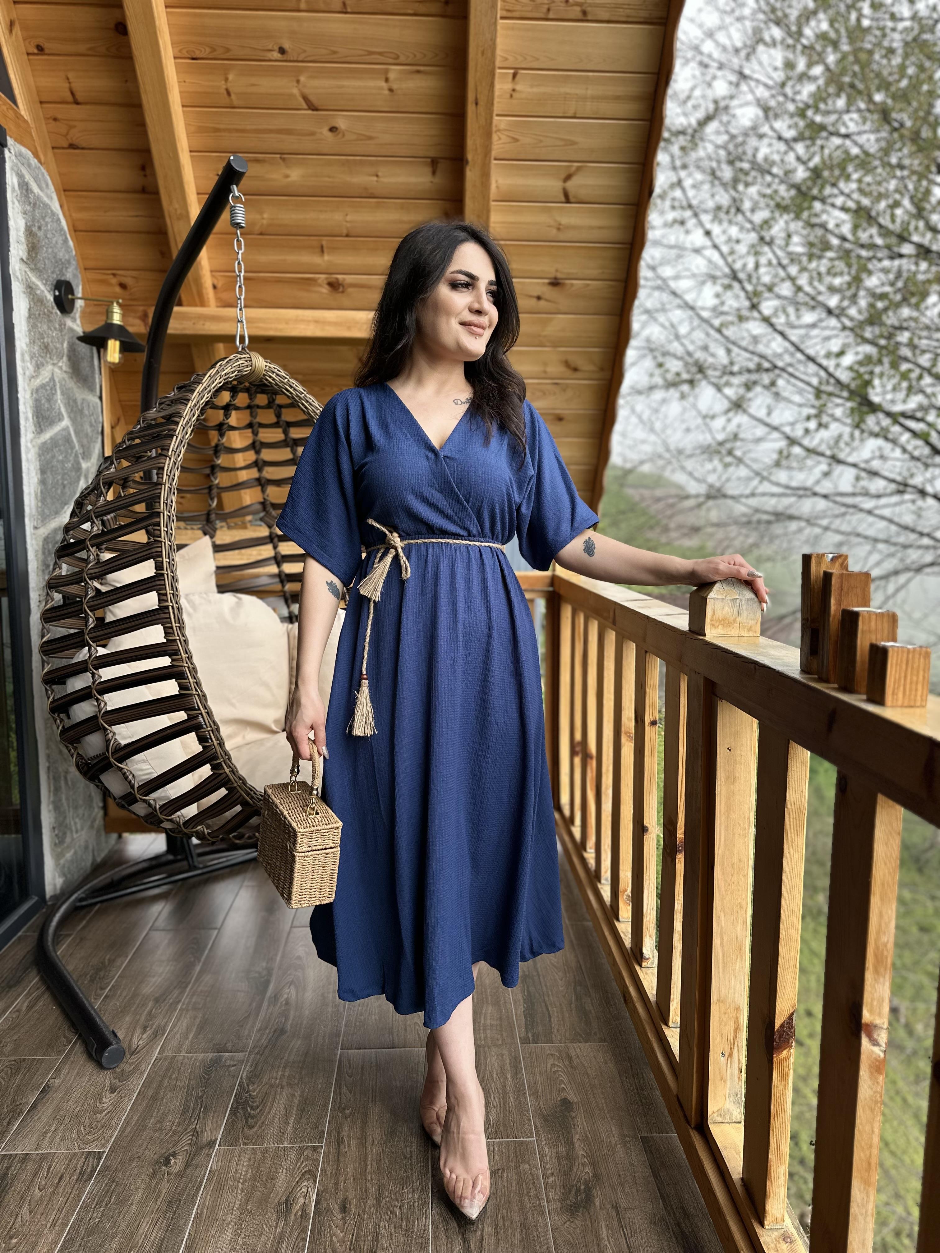 İndigo Mavi Kruvaze Yaka Hasır Kemerli Bürümcük ElbiseA013