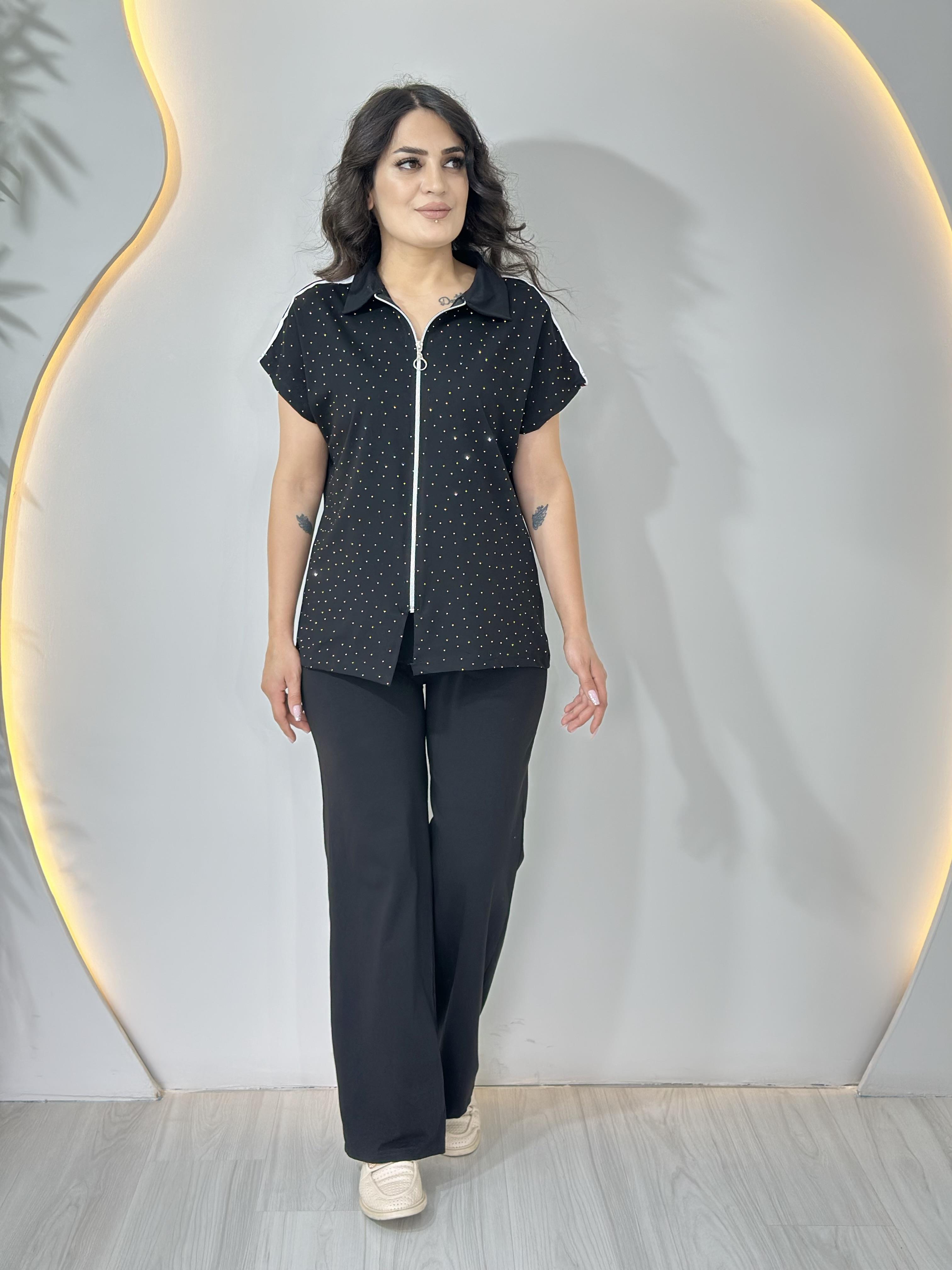 İrka Siyah Fermuar Detay Taşlı Şeritli Modal İkili Takım A031