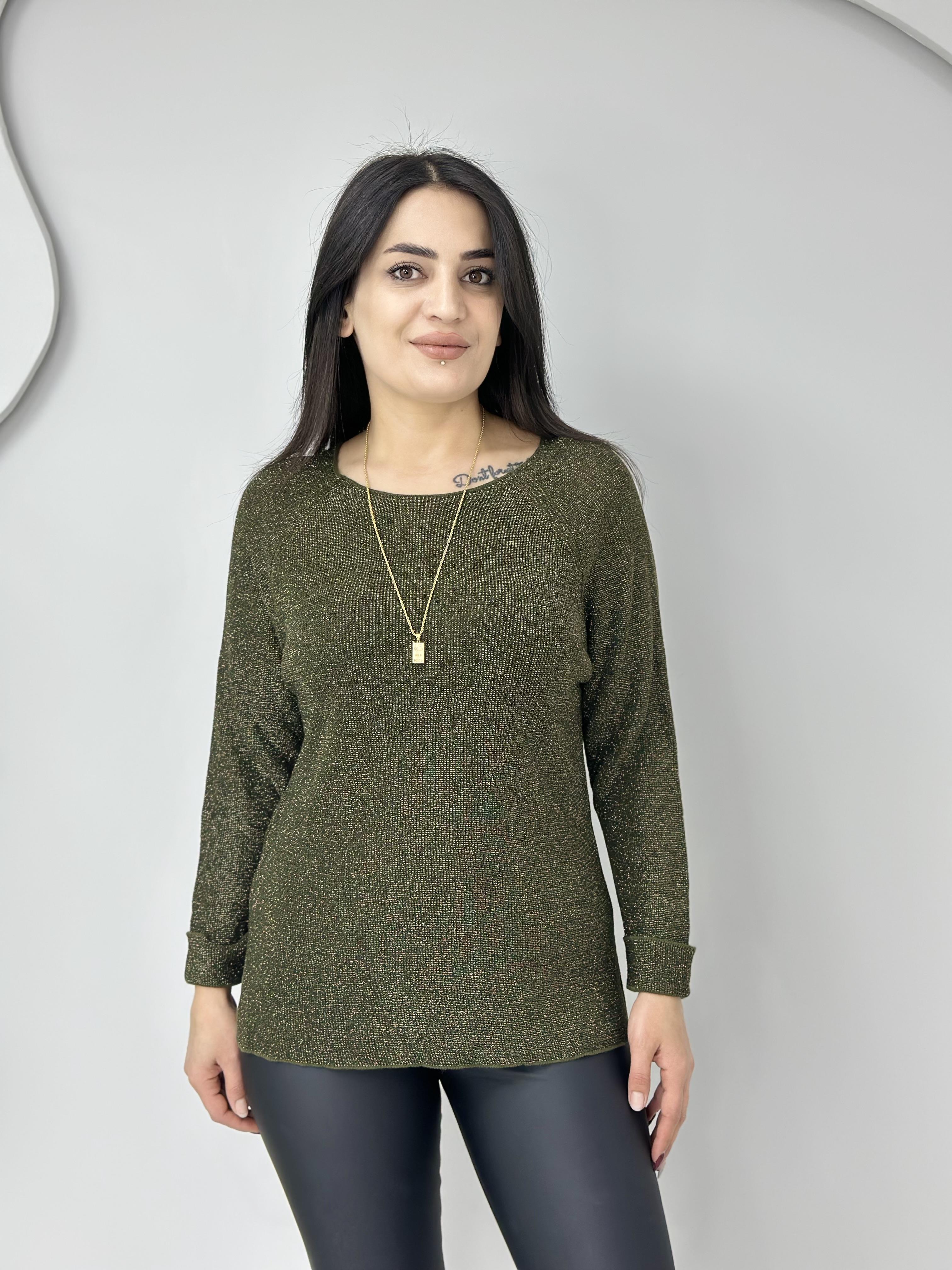 Işıl Haki Bisiklet Yaka Simli Yırtmaç Detay Likralı Triko Bluz A366