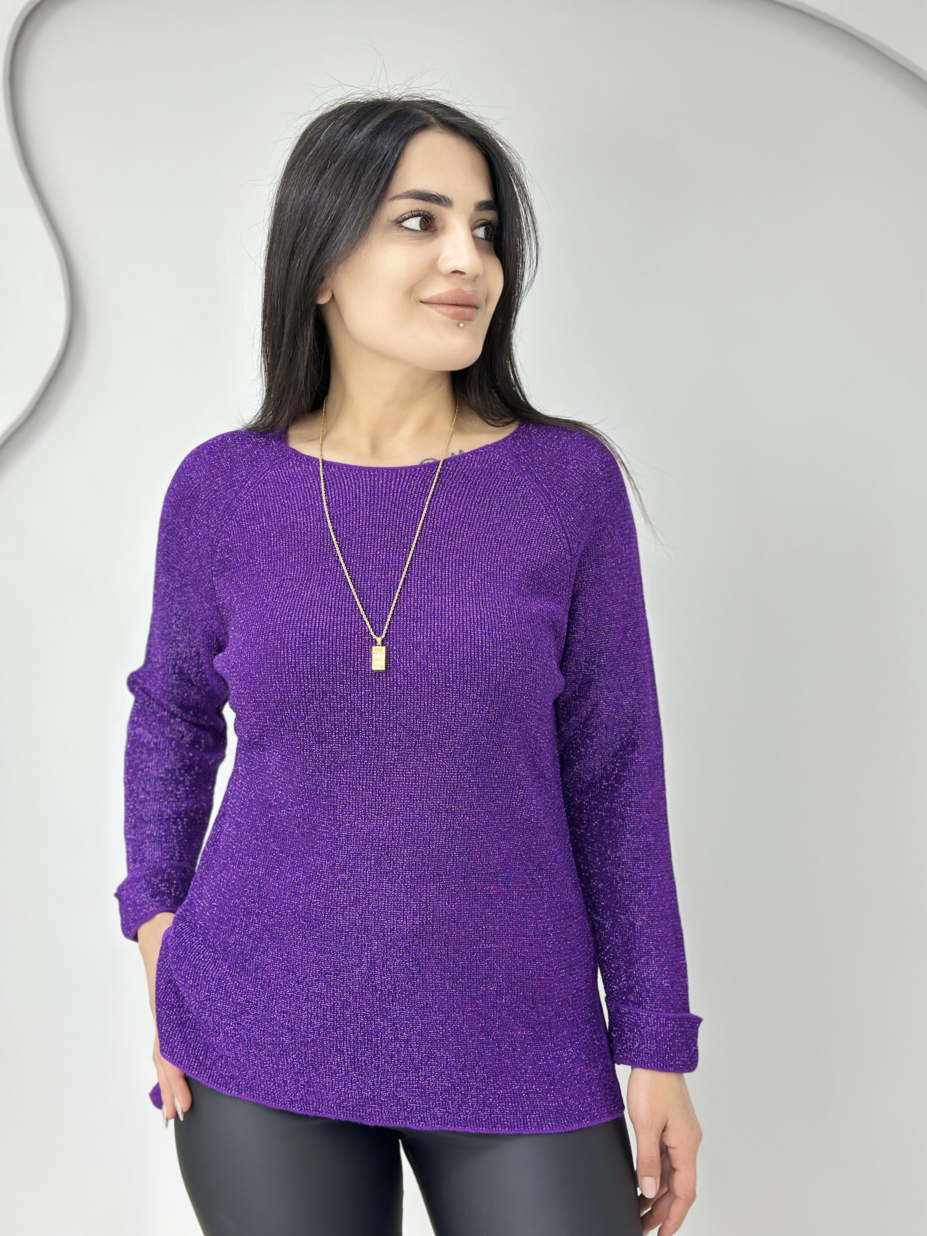 Işıl Mor Bisiklet Yaka Simli Yırtmaç Detay Likralı Triko Bluz A364