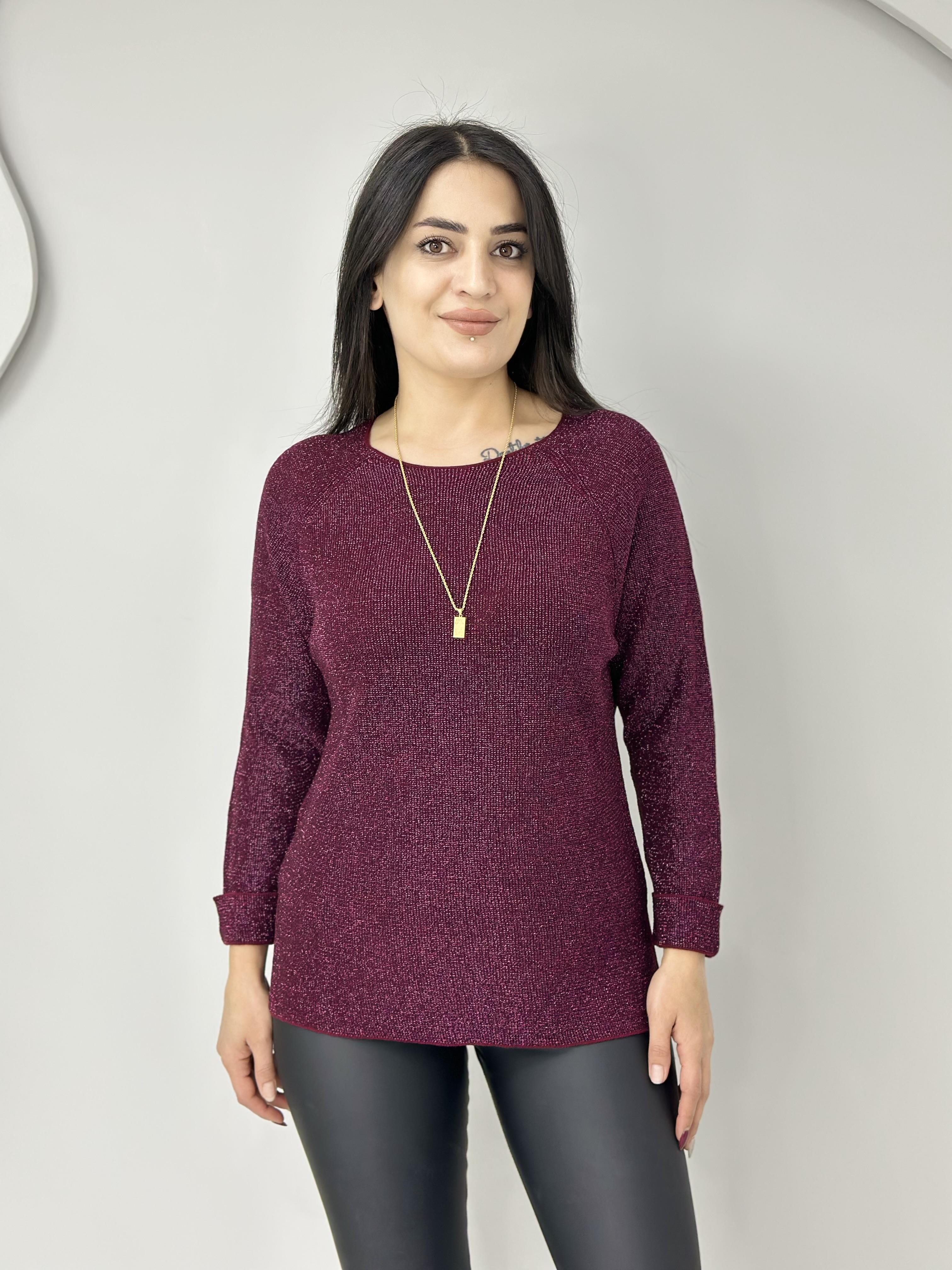 Işıl Mürdüm Bisiklet Yaka Simli Yırtmaç Detay Likralı Triko Bluz A363