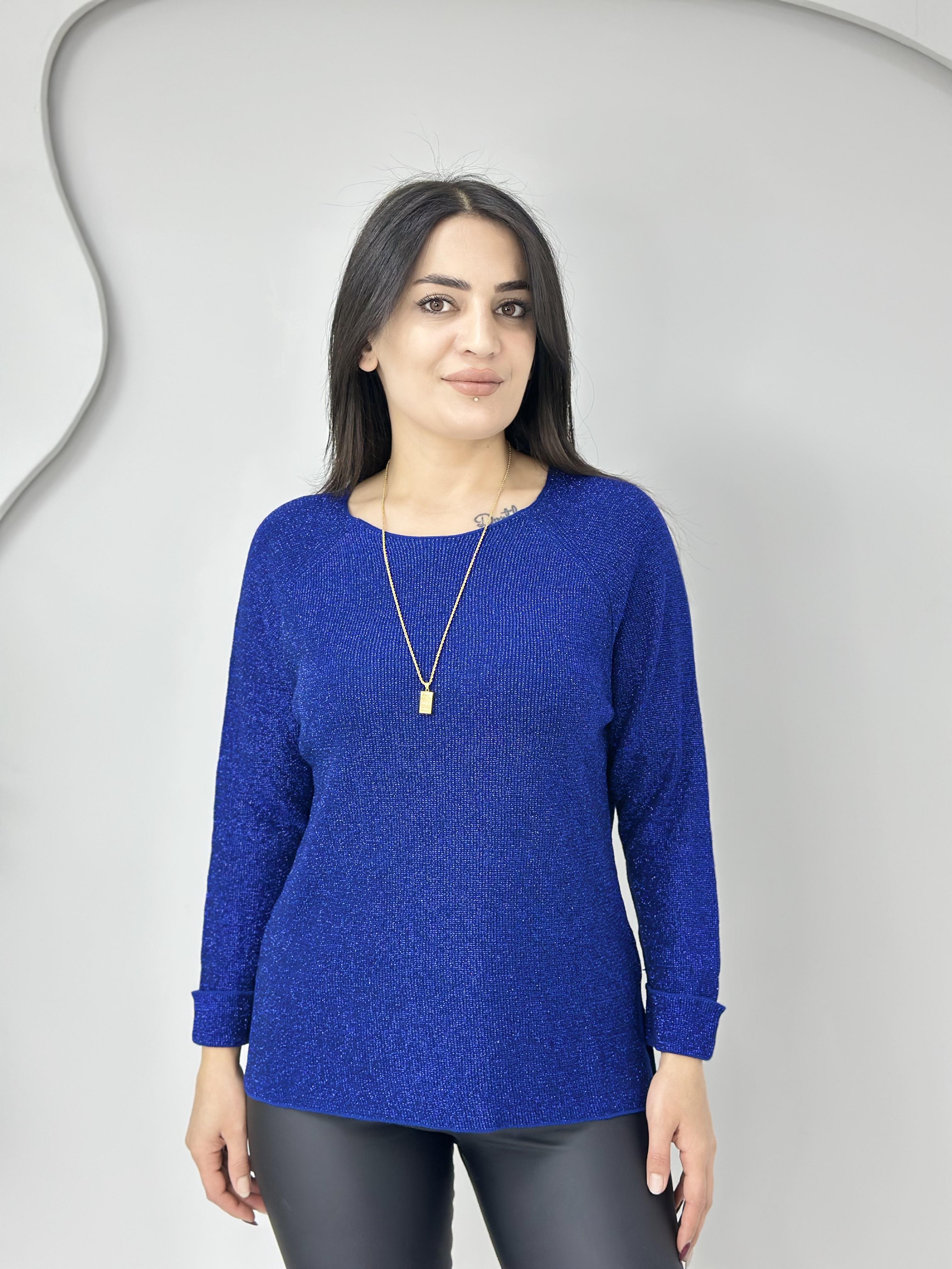 Işıl Saks Mavi Bisiklet Yaka Simli Yırtmaç Detay Likralı Triko Bluz A368