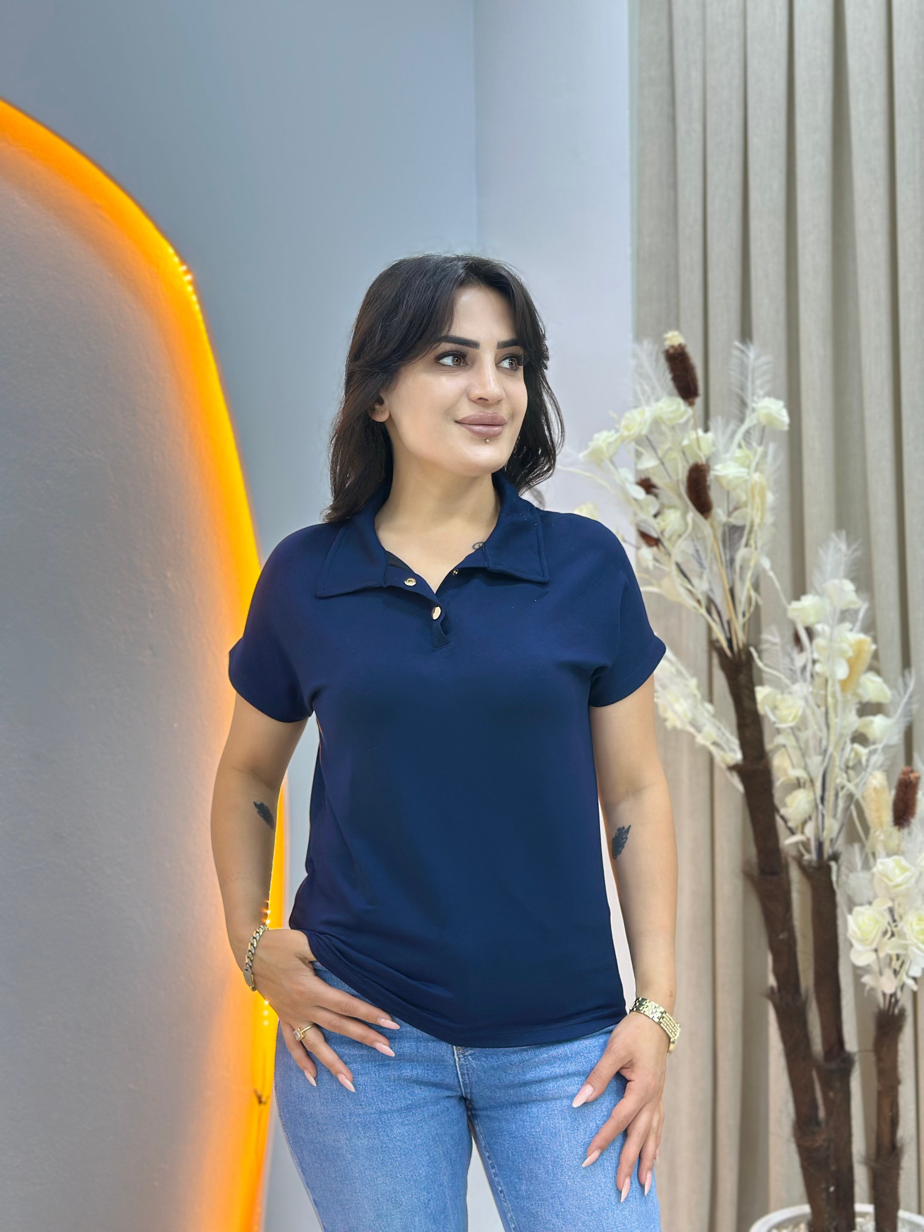 İvone Lacivert Polo Yaka Gold Düğme Detaylı Tshirt Bluz D150