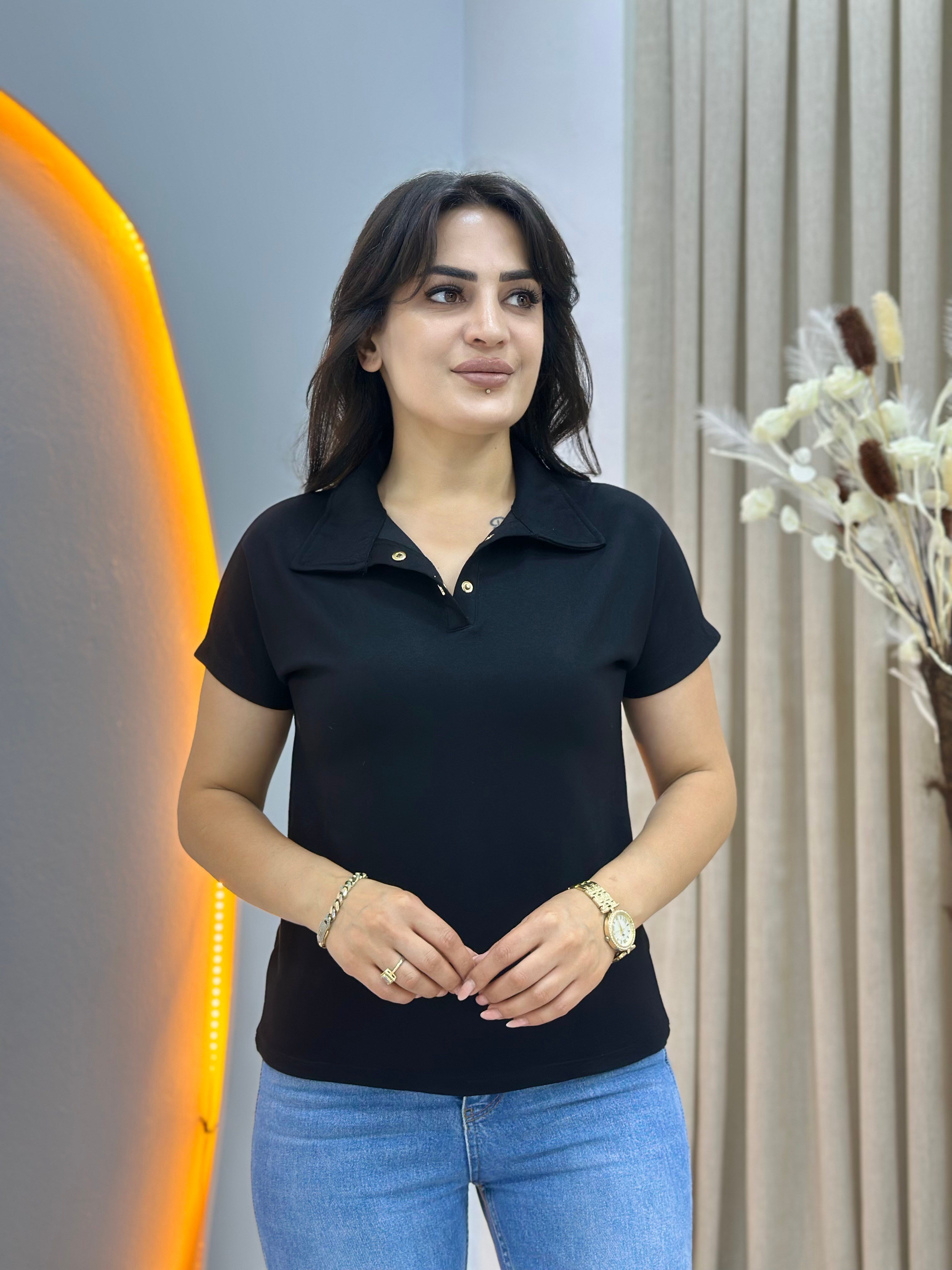 İvone Siyah Polo Yaka Gold Düğme Detaylı Tshirt Bluz D150