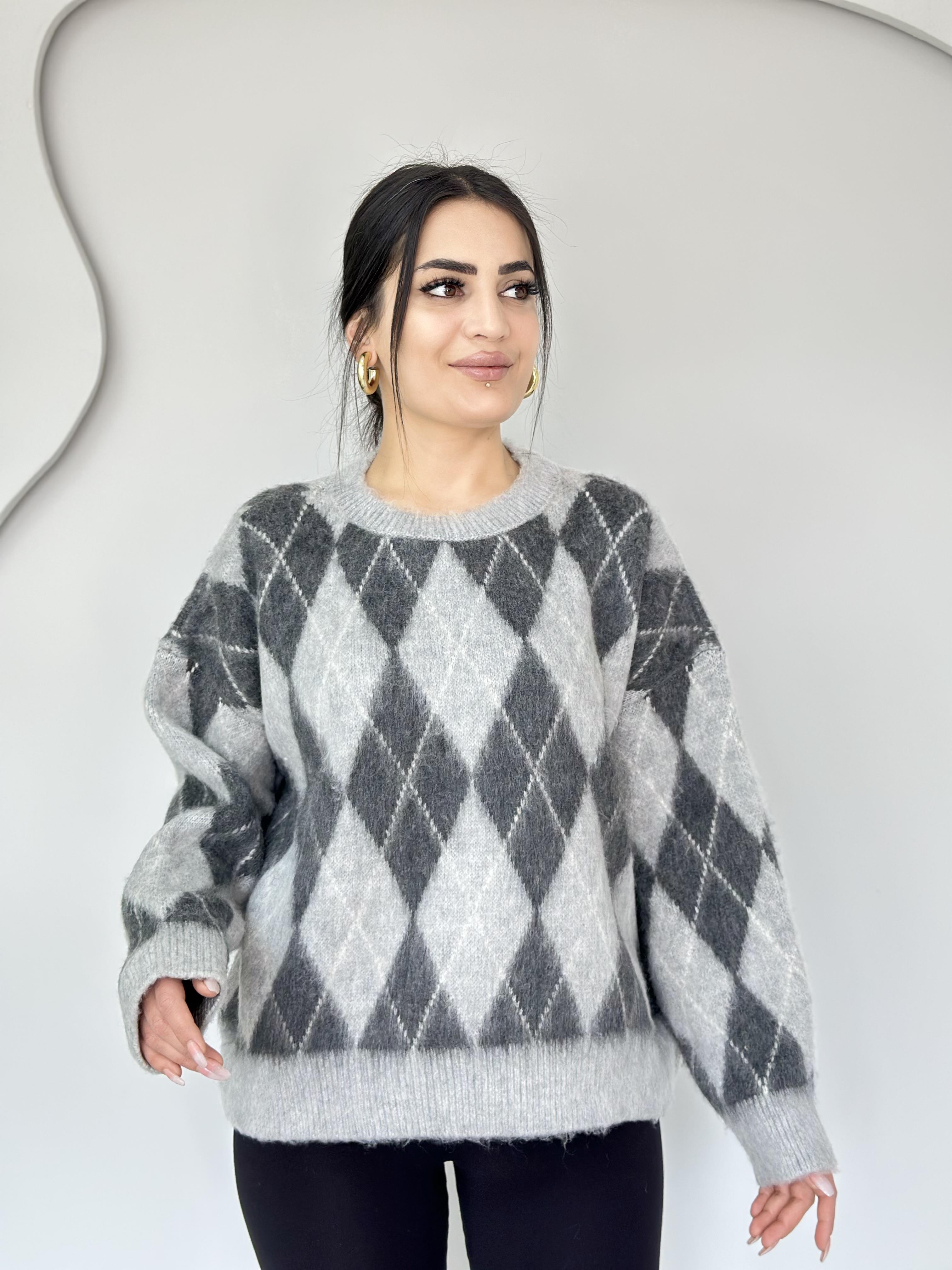 Ivory Gri Bisiklet Yaka Baklava Desenli Triko Kazak C4545