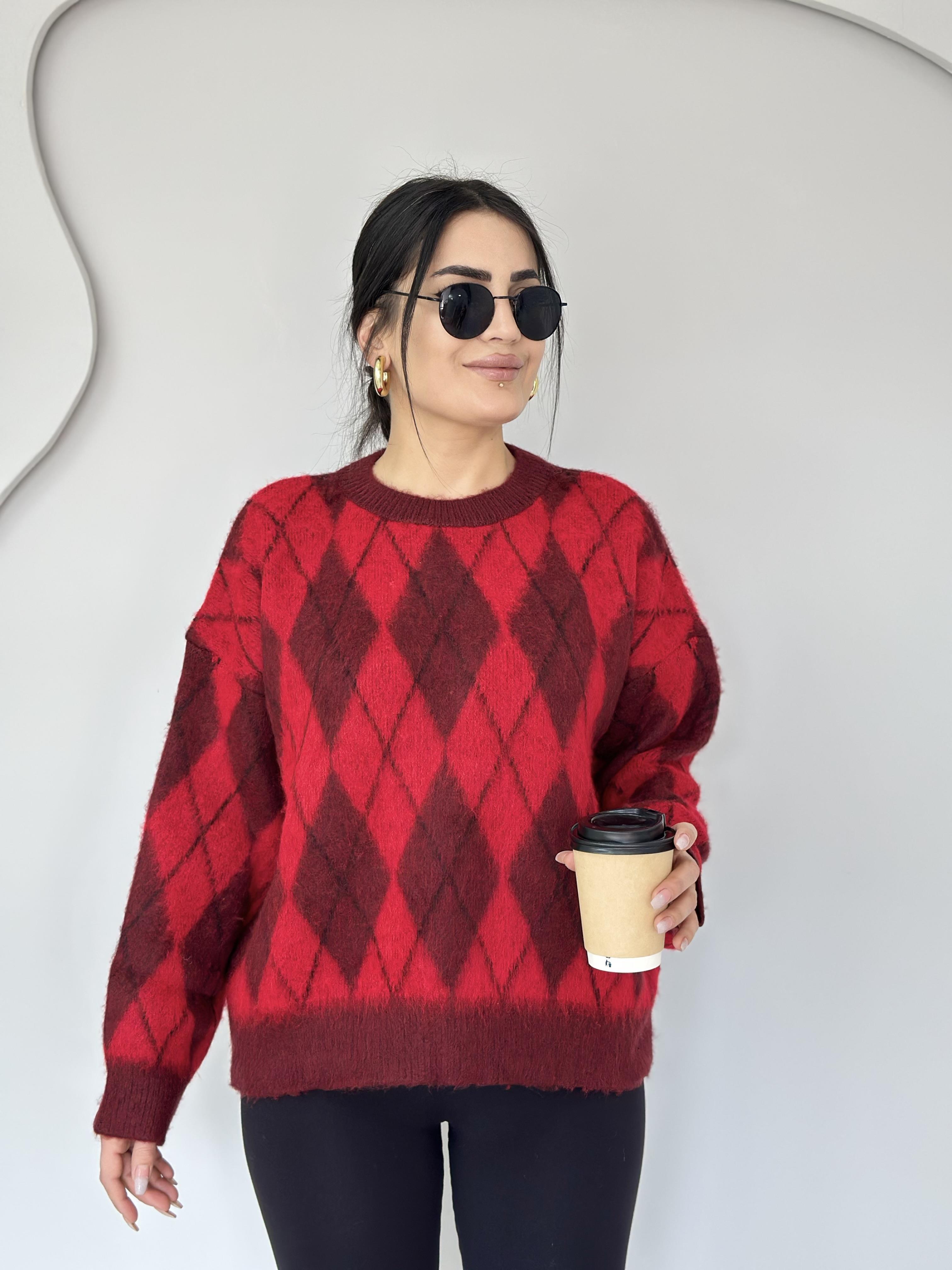 Ivory Kırmızı Bisiklet Yaka Baklava Desenli Triko Kazak C4545