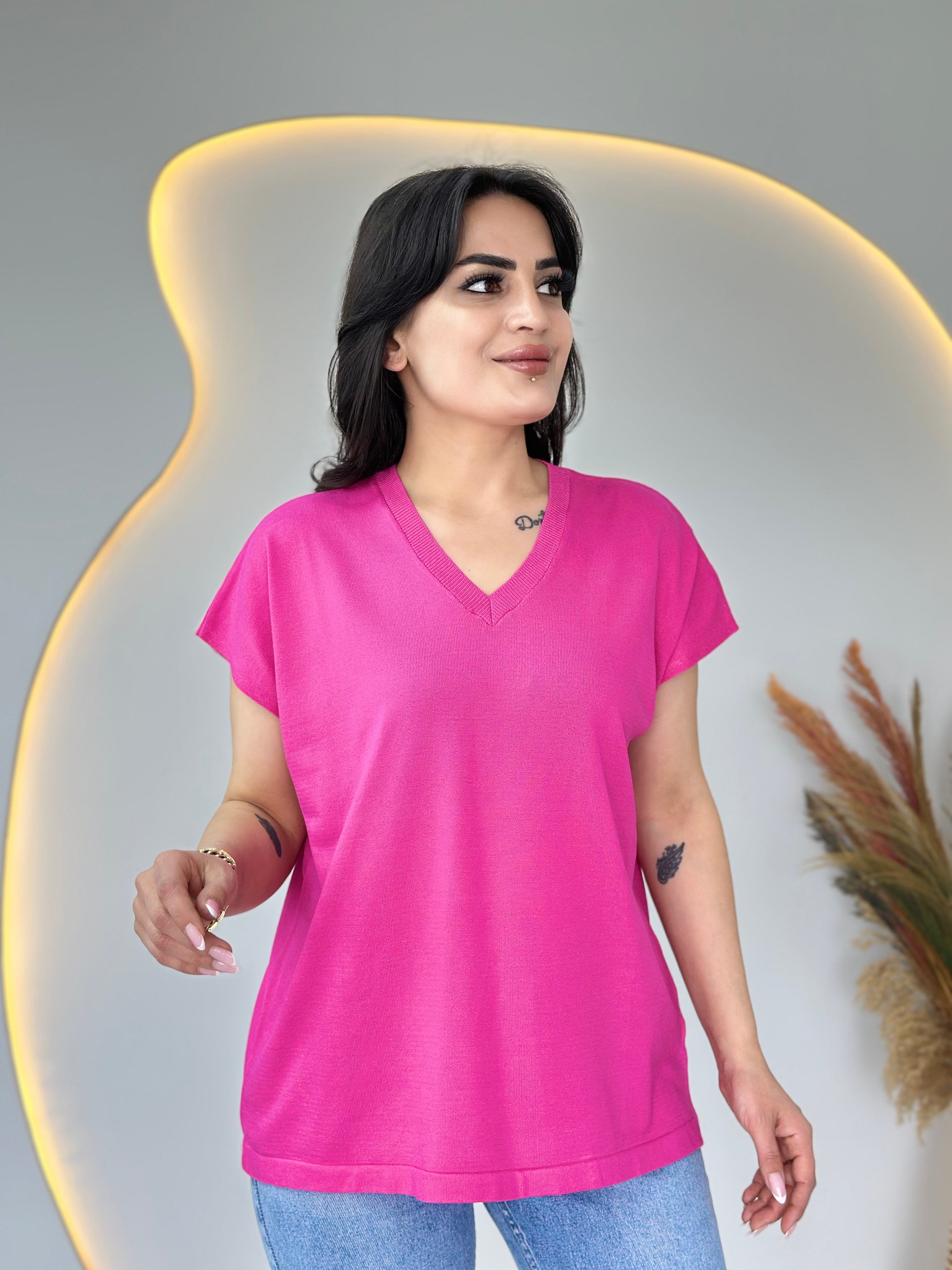 İza Pembe V yaka Düşük Omuzlu Kısa Kollu Merserize Bluz D108