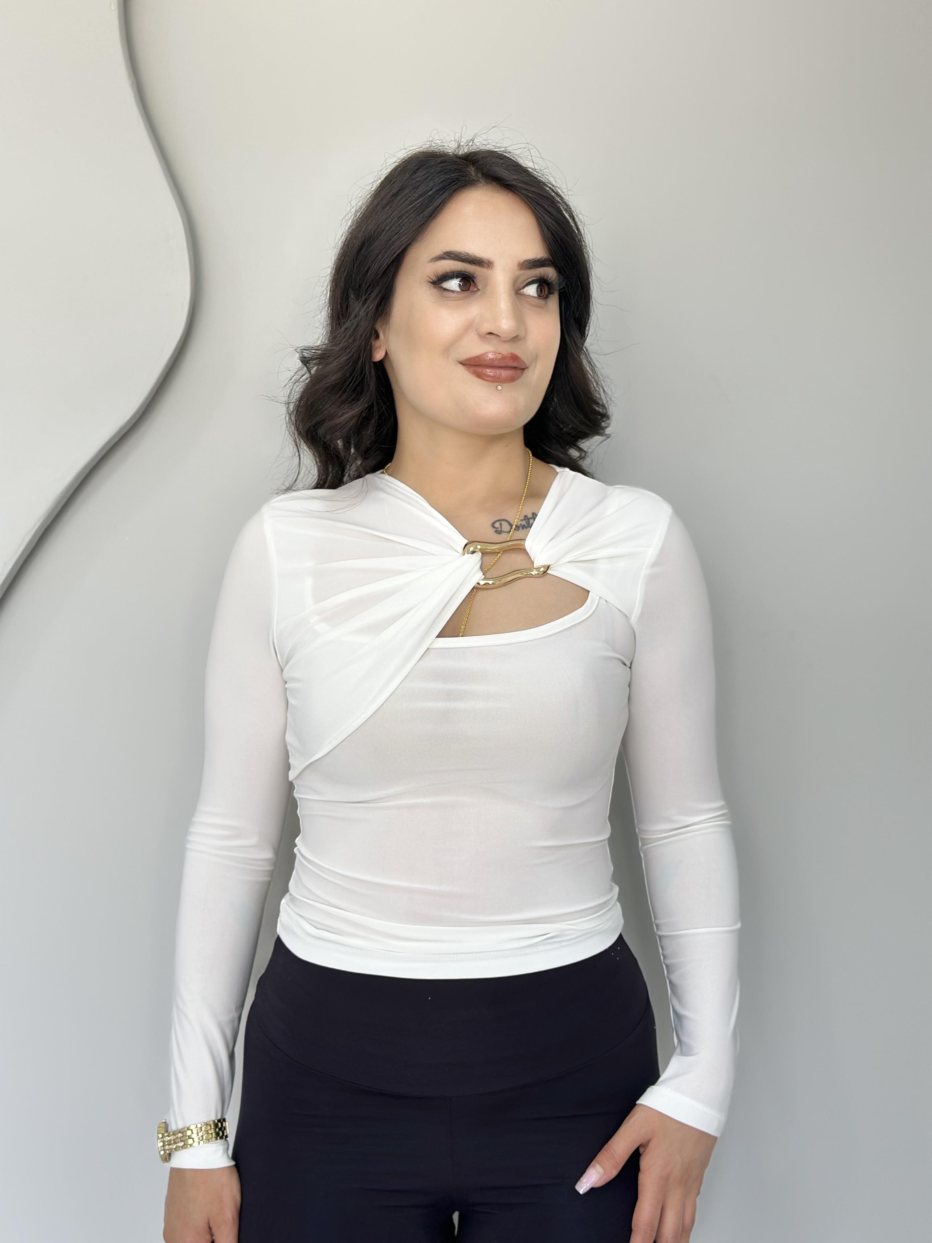 Jars Beyaz Metal Detaylı Sandy Kumaş Bluz A315