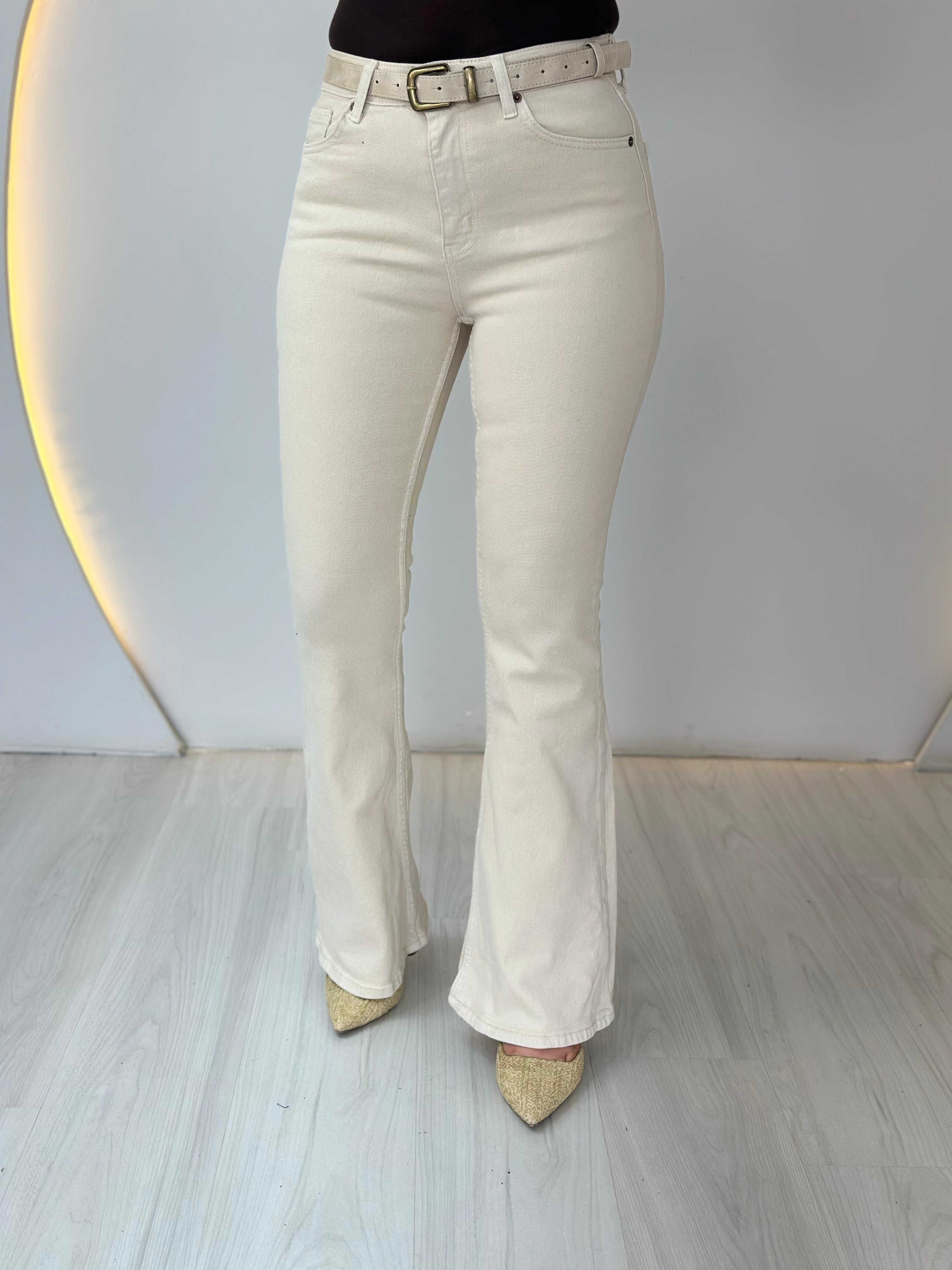 Jia Krem İspanyol Paça Yüksek Bel Jean Pantolon D073