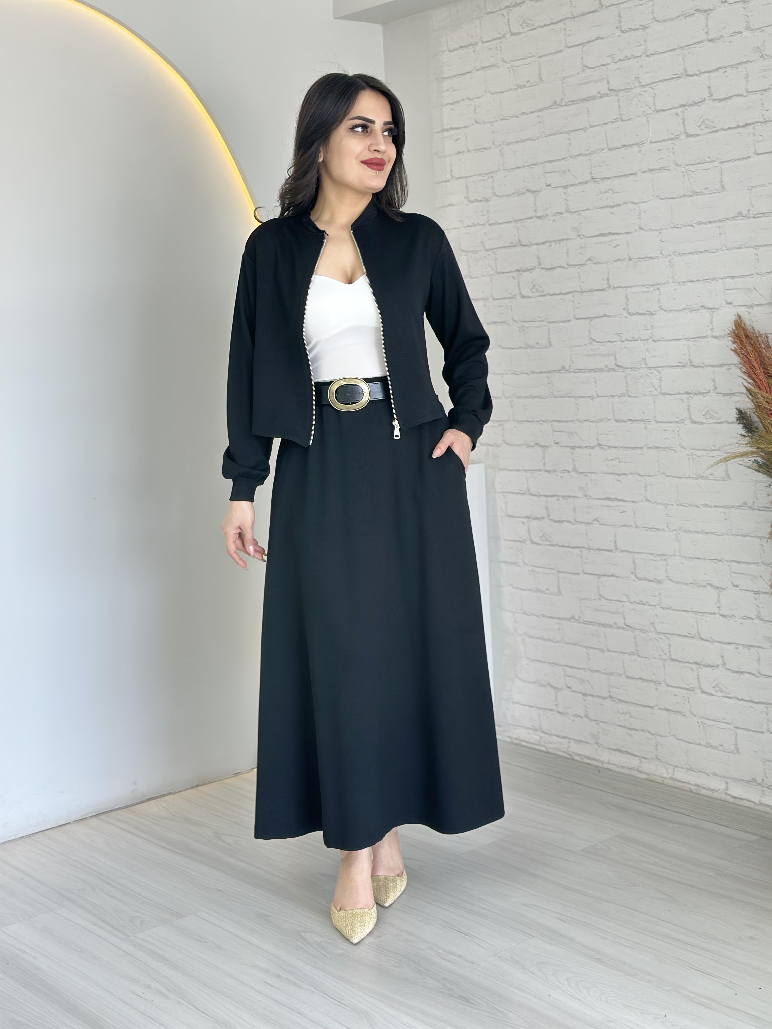 Jile Siyah Fermuarlı Ceket Etek İkili Takım D030