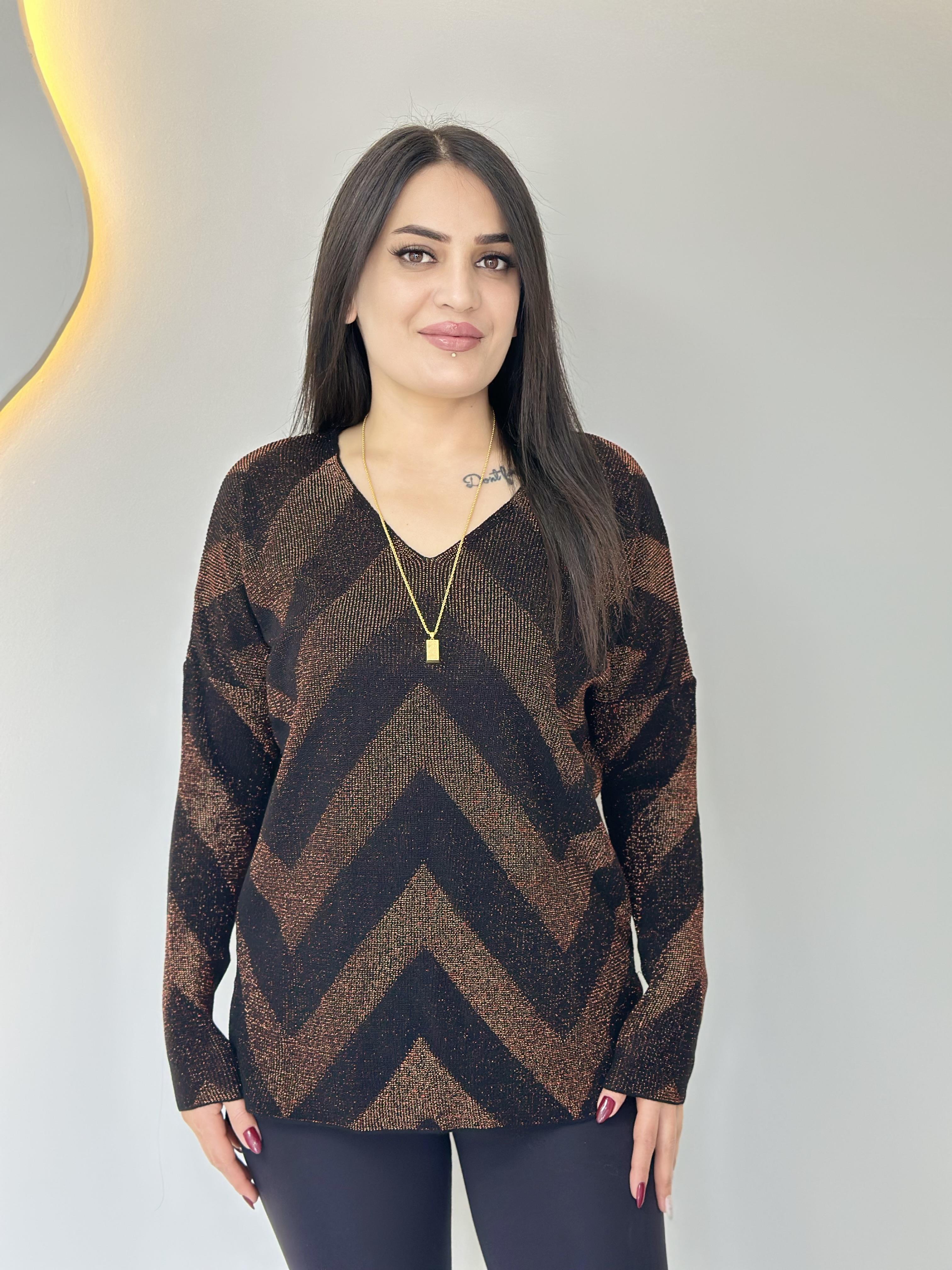 Judy Bakır Zikzak Desenli Simli Triko Bluz A048