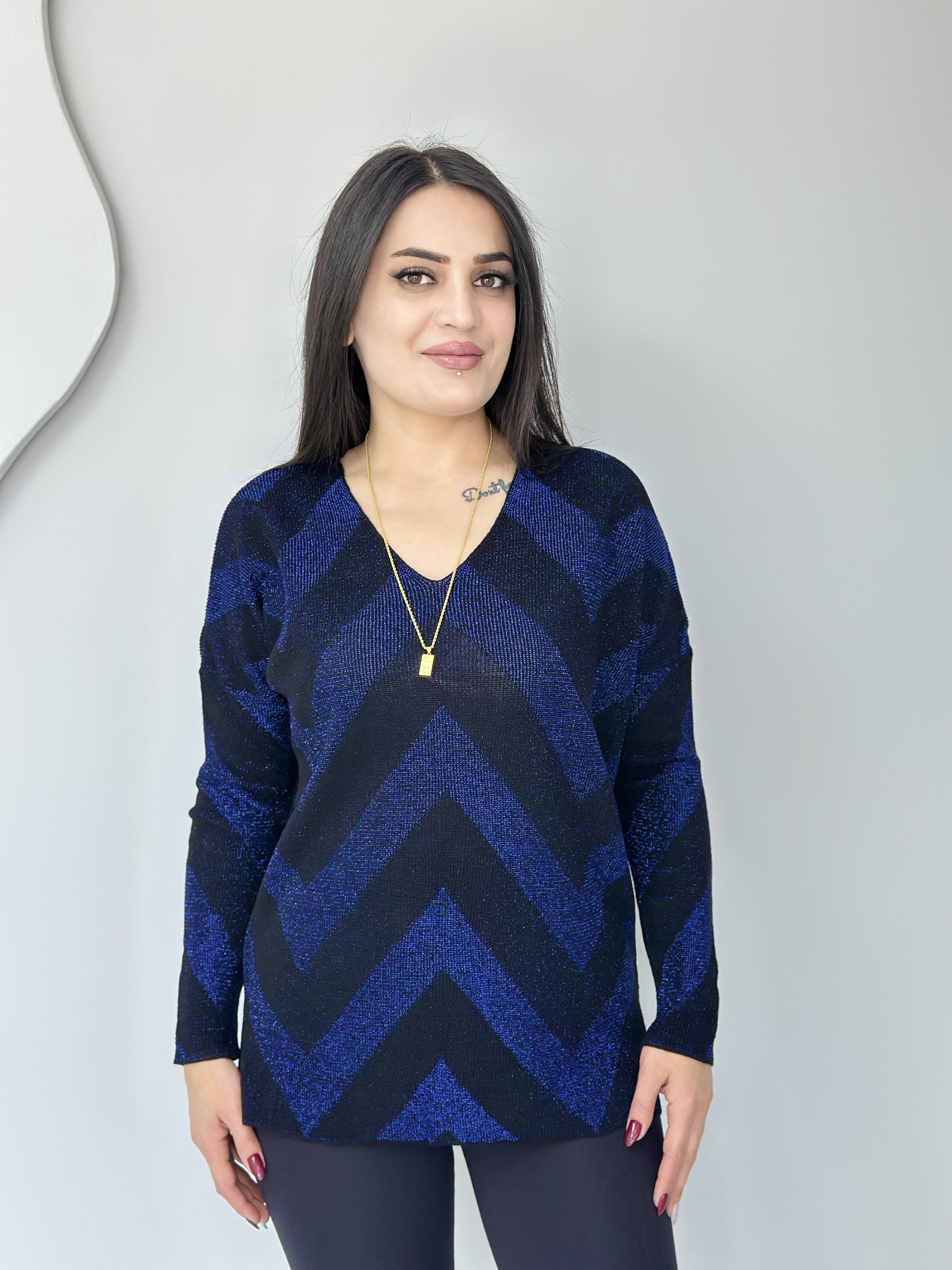 Judy Lacivert  Zikzak Desenli Simli Triko Bluz  A050