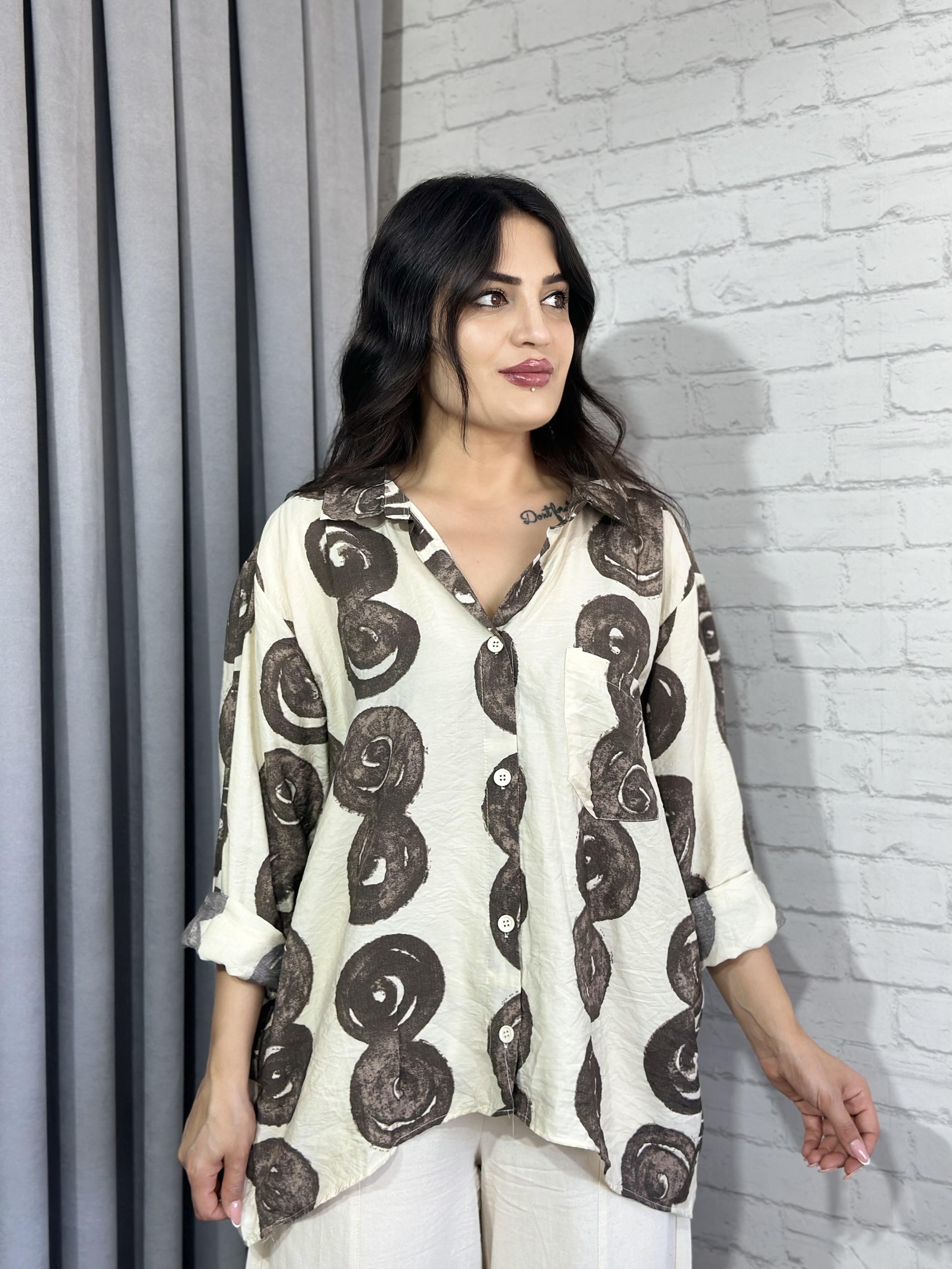 Kahve Ekru Desenli Oversize Gömlek