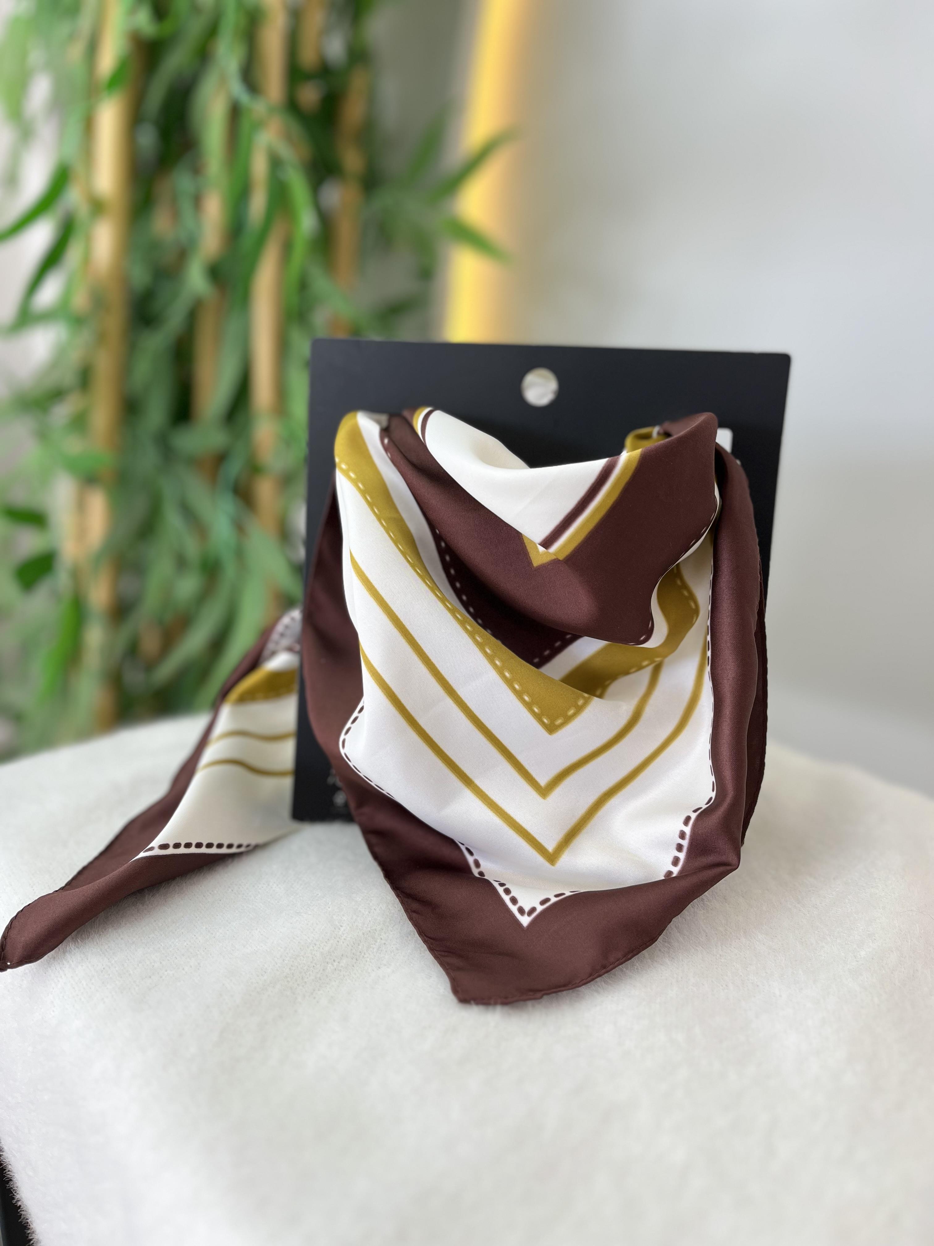 Kahve Geometrik Desen İpek Şal A7474