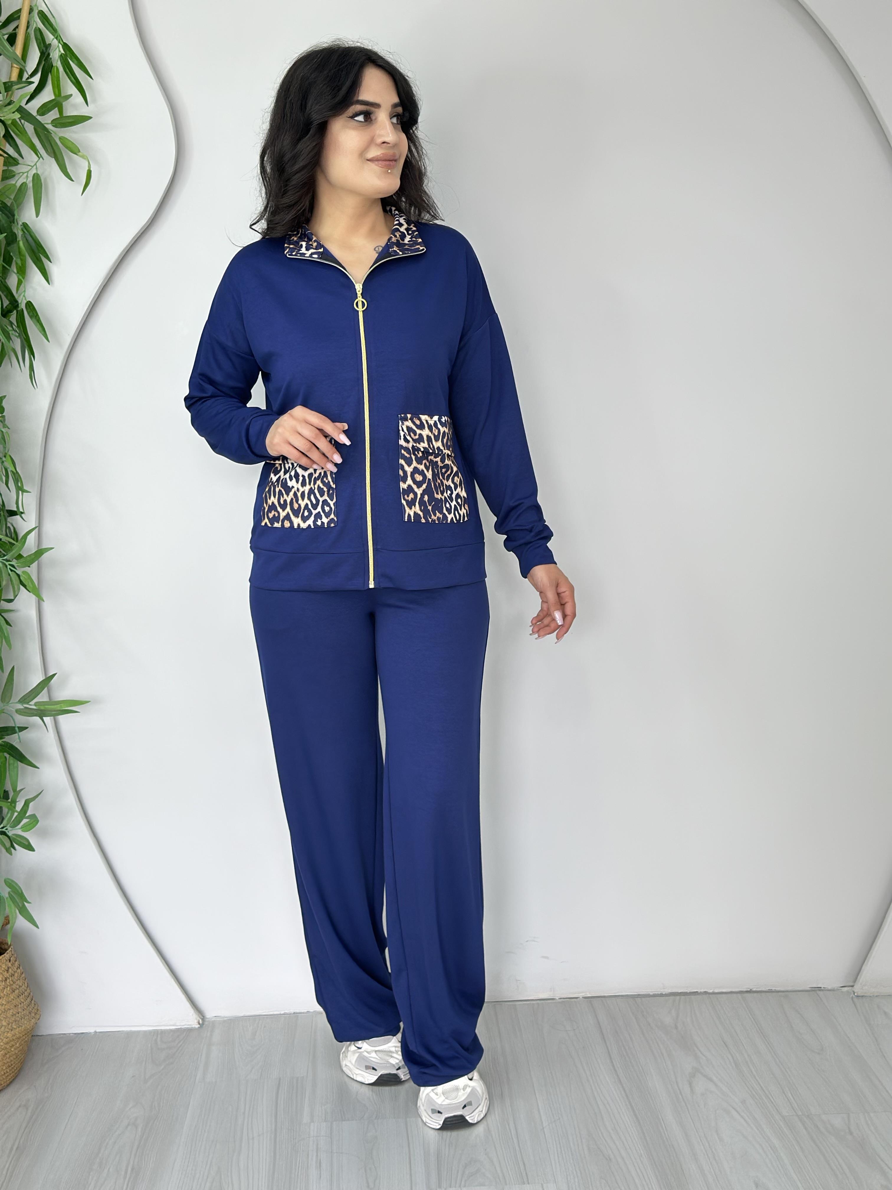 Keny Lacivert Oysho Modal Kumaş Leopar Yaka Cepli Fermuarlı 2'Li Takım A507