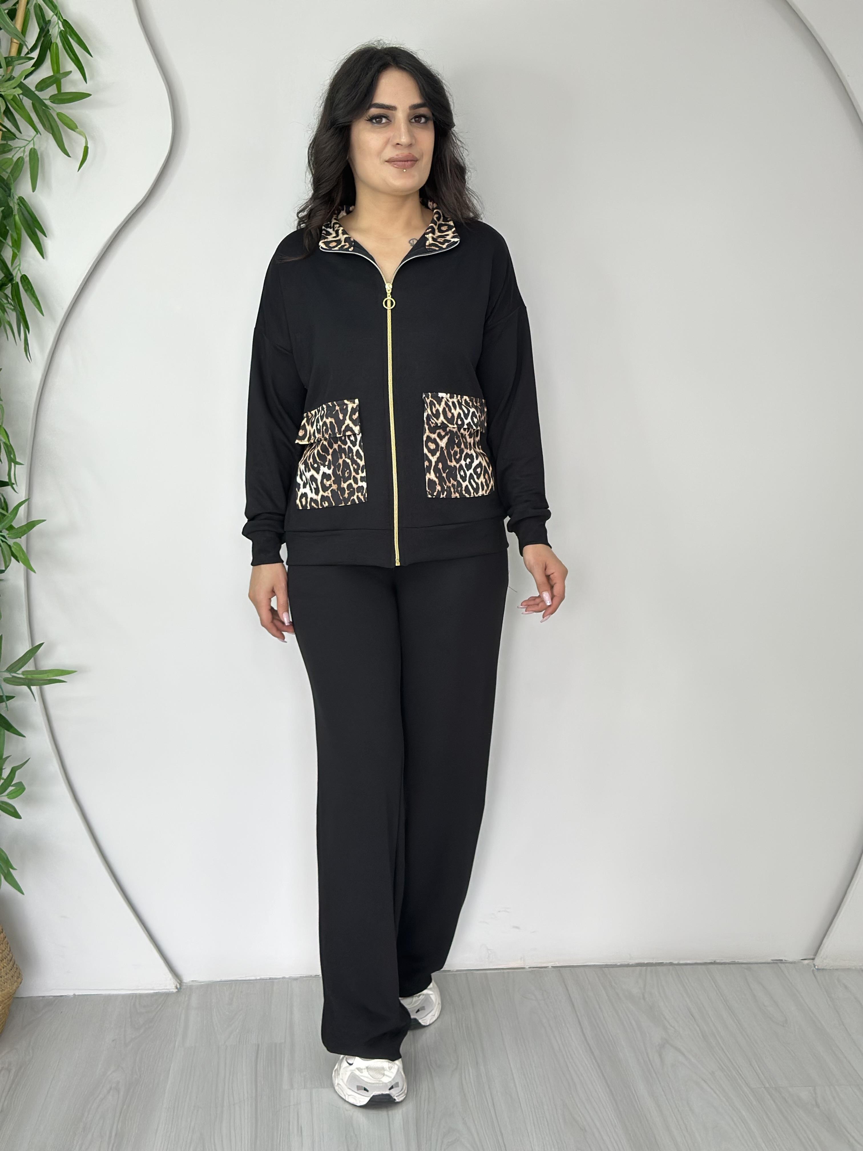 Keny Siyah Oysho Modal Kumaş Leopar Yaka Cepli Fermuarlı 2'Li Takım A508