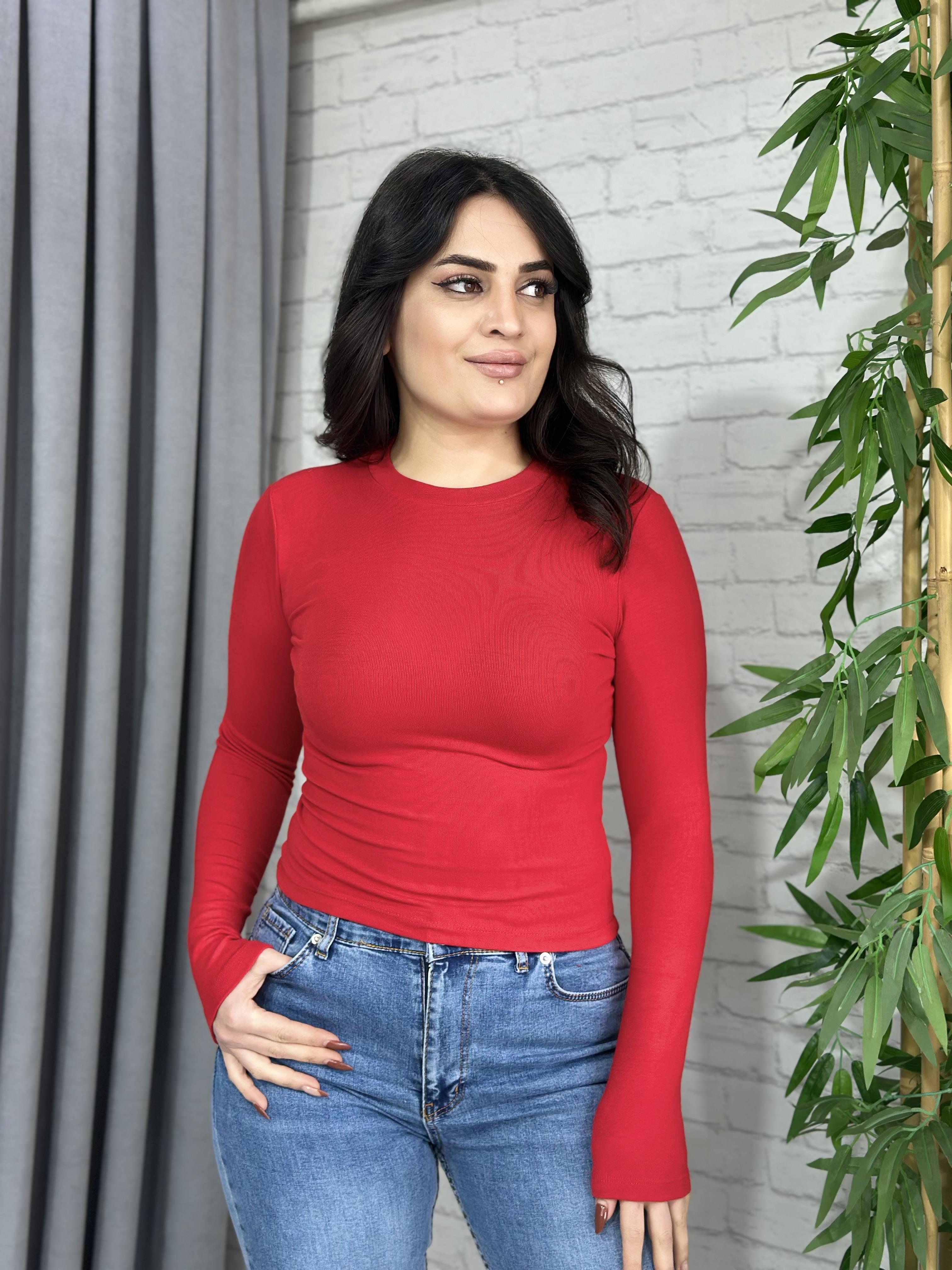 Kırmızı Bisiklet Yaka Modal Kumaş Uzun Kol Basic Orijinal Tshirt 