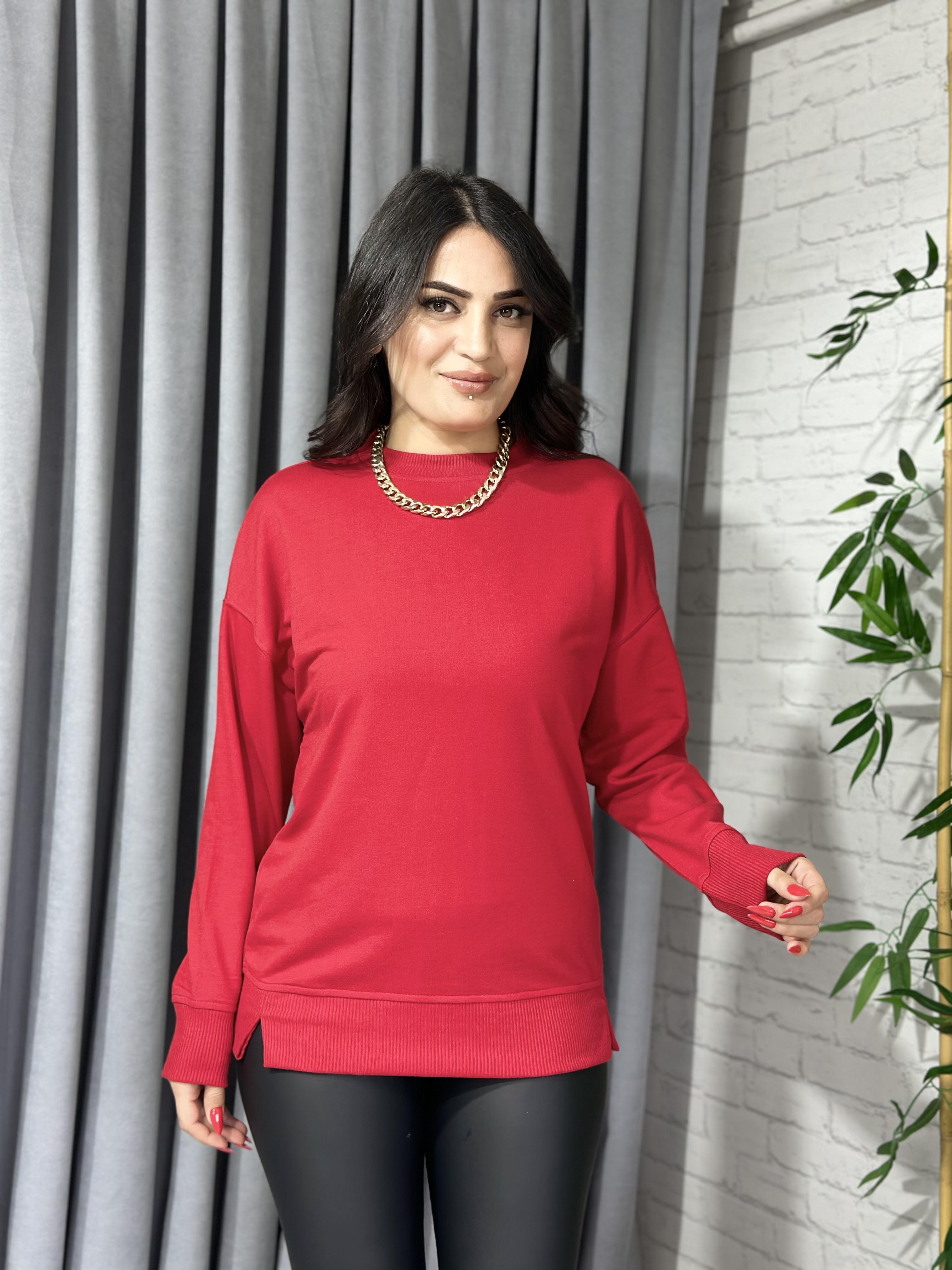 Kırmızı Bisiklet Yaka Pamuklu Sweatshirt 