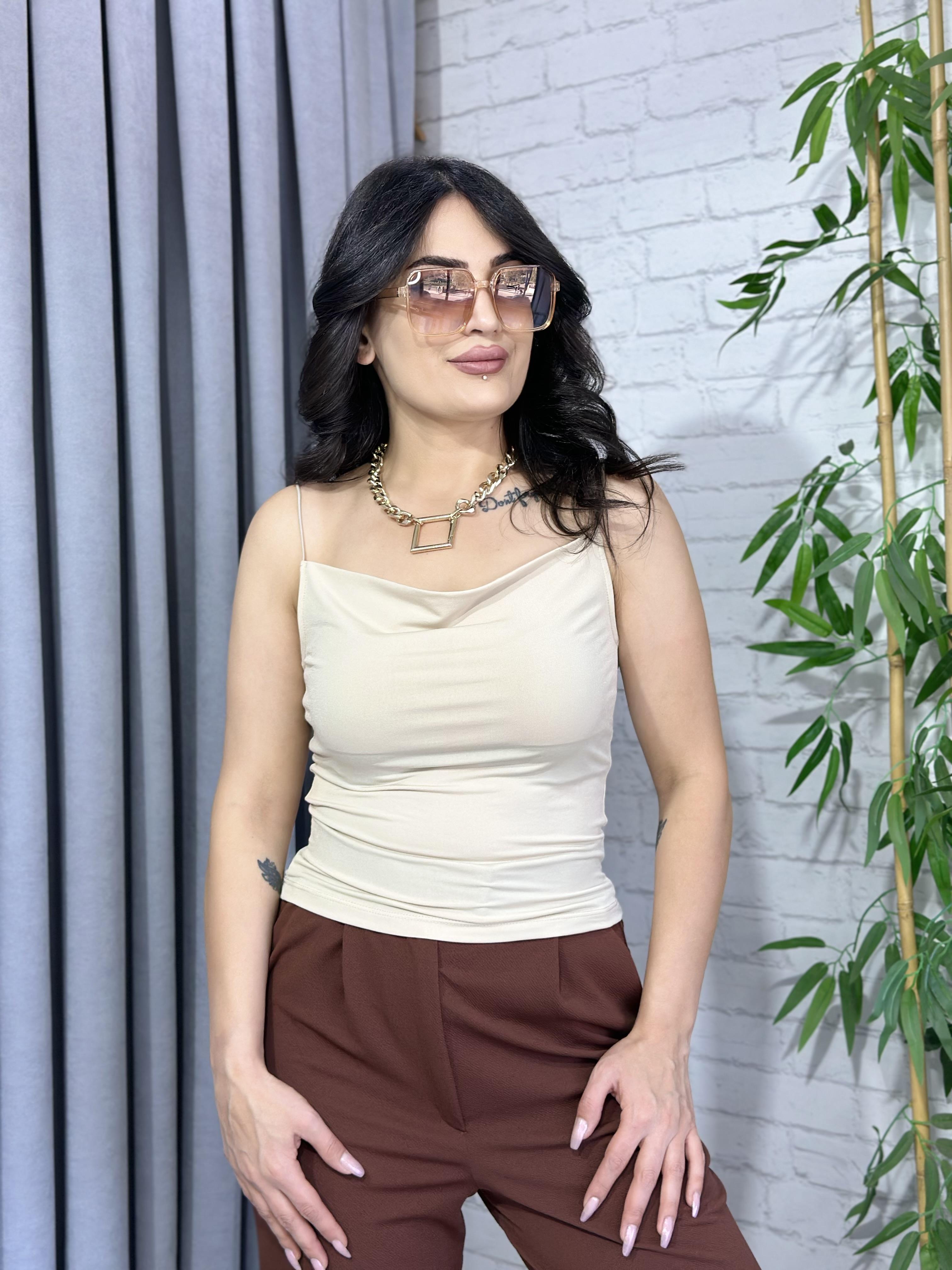 Krem İp Askı Degaje Yaka Atlet 