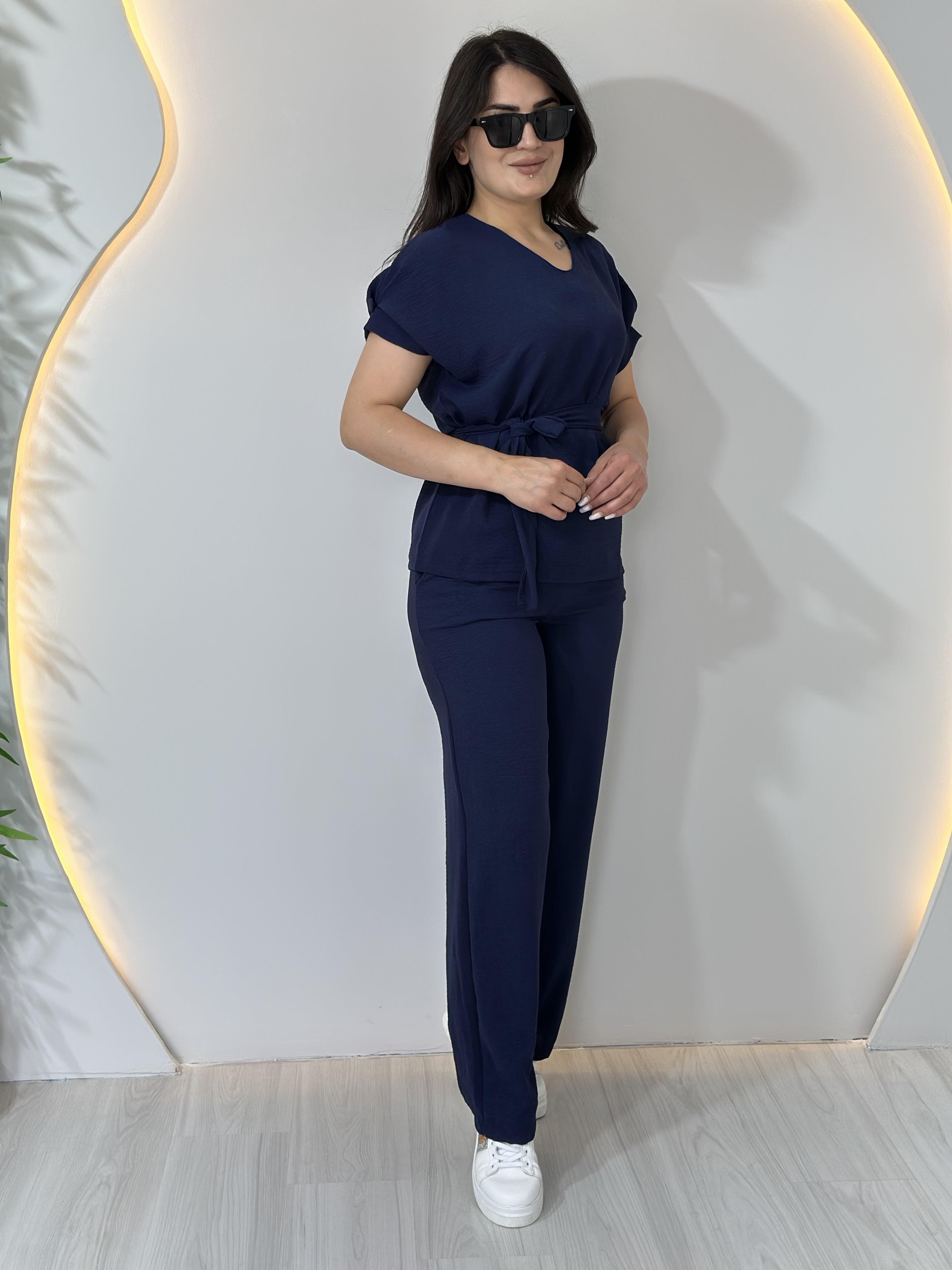 Lacivert  Aerobin Keten Yarım Kol Bel Kuşaklı İkili Takım A000