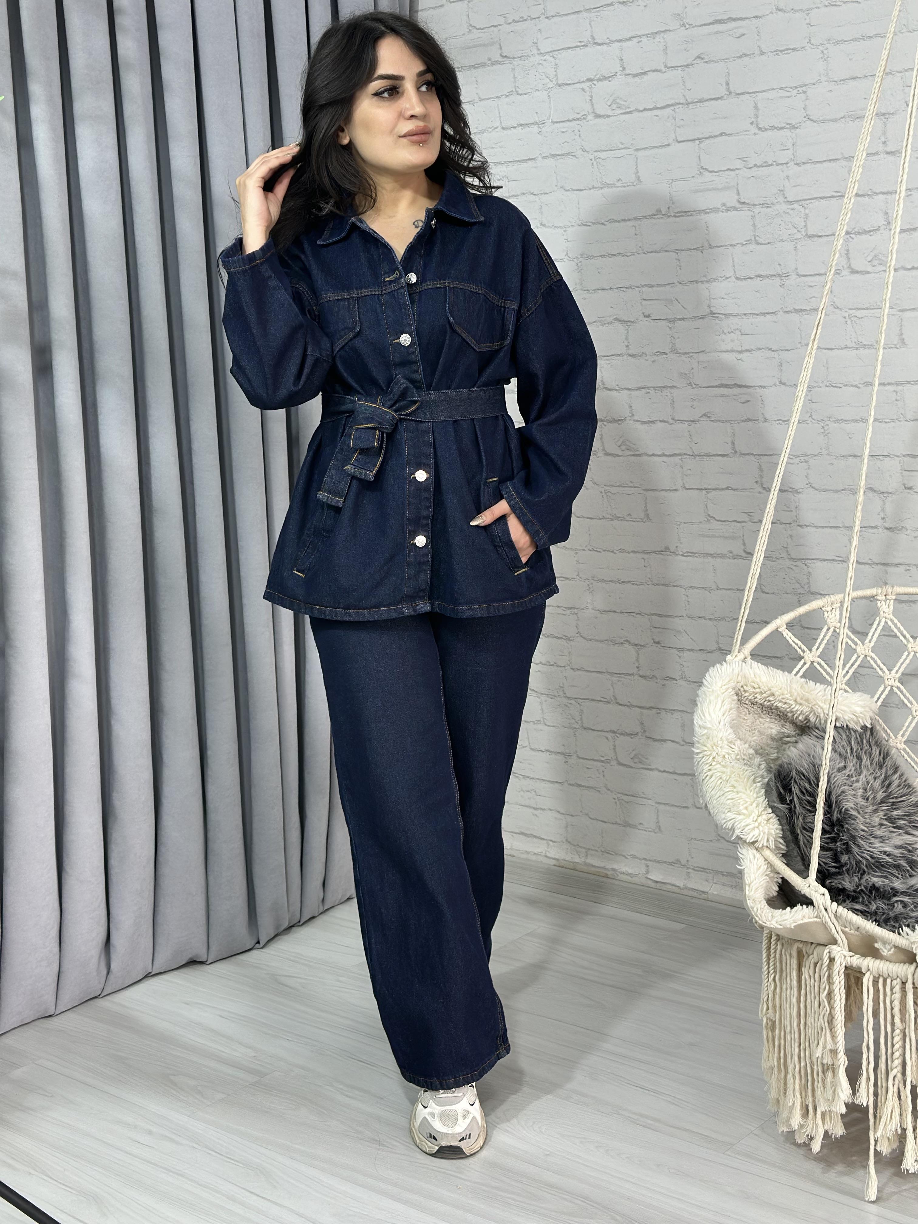 Lacivert Cepli Kuşaklı Düğmeli Denim Ceket  Takım A642