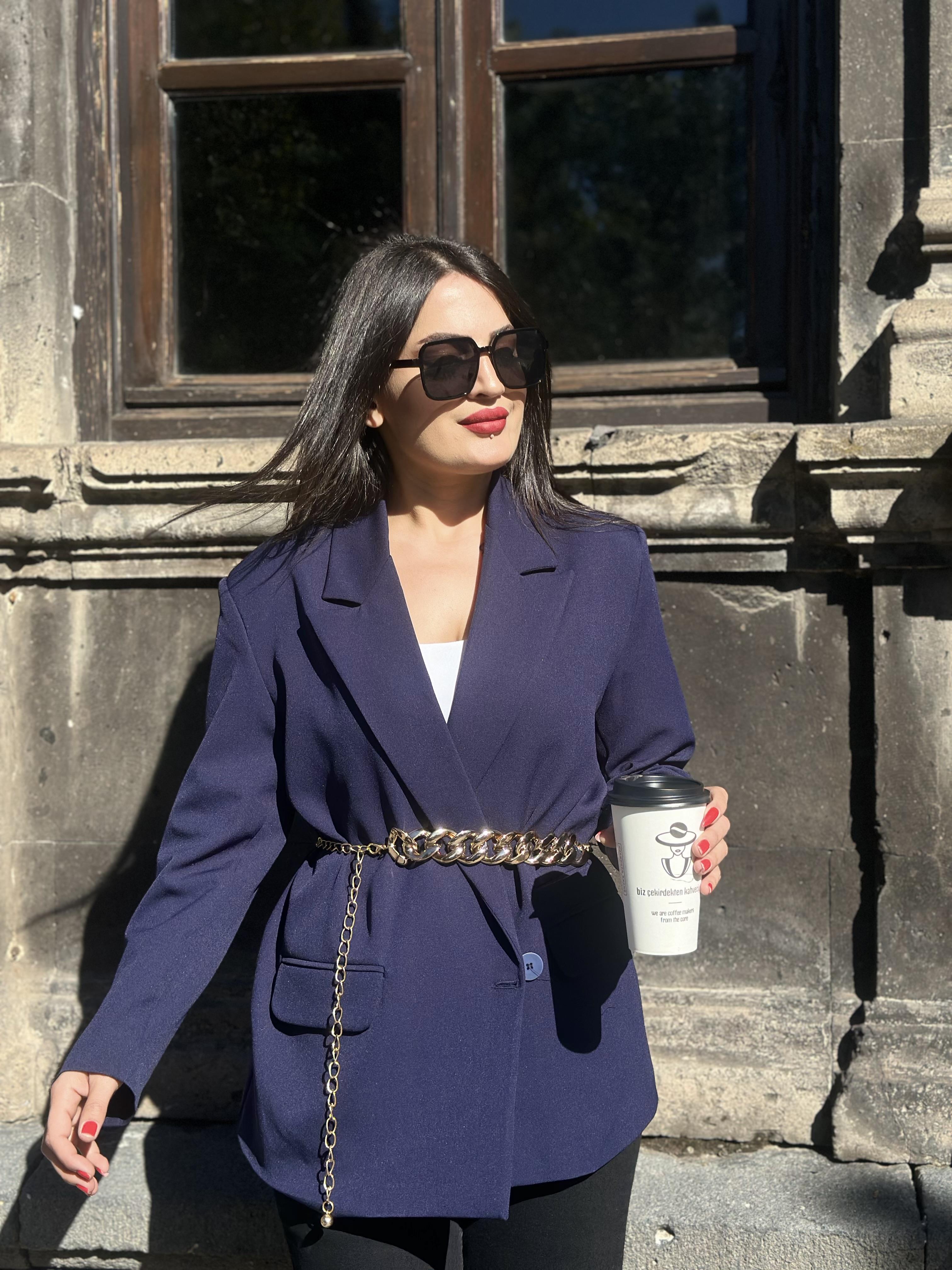 Lacivert Çift Cep Çapraz Tek Düğme Astarlı Blazer Ceket