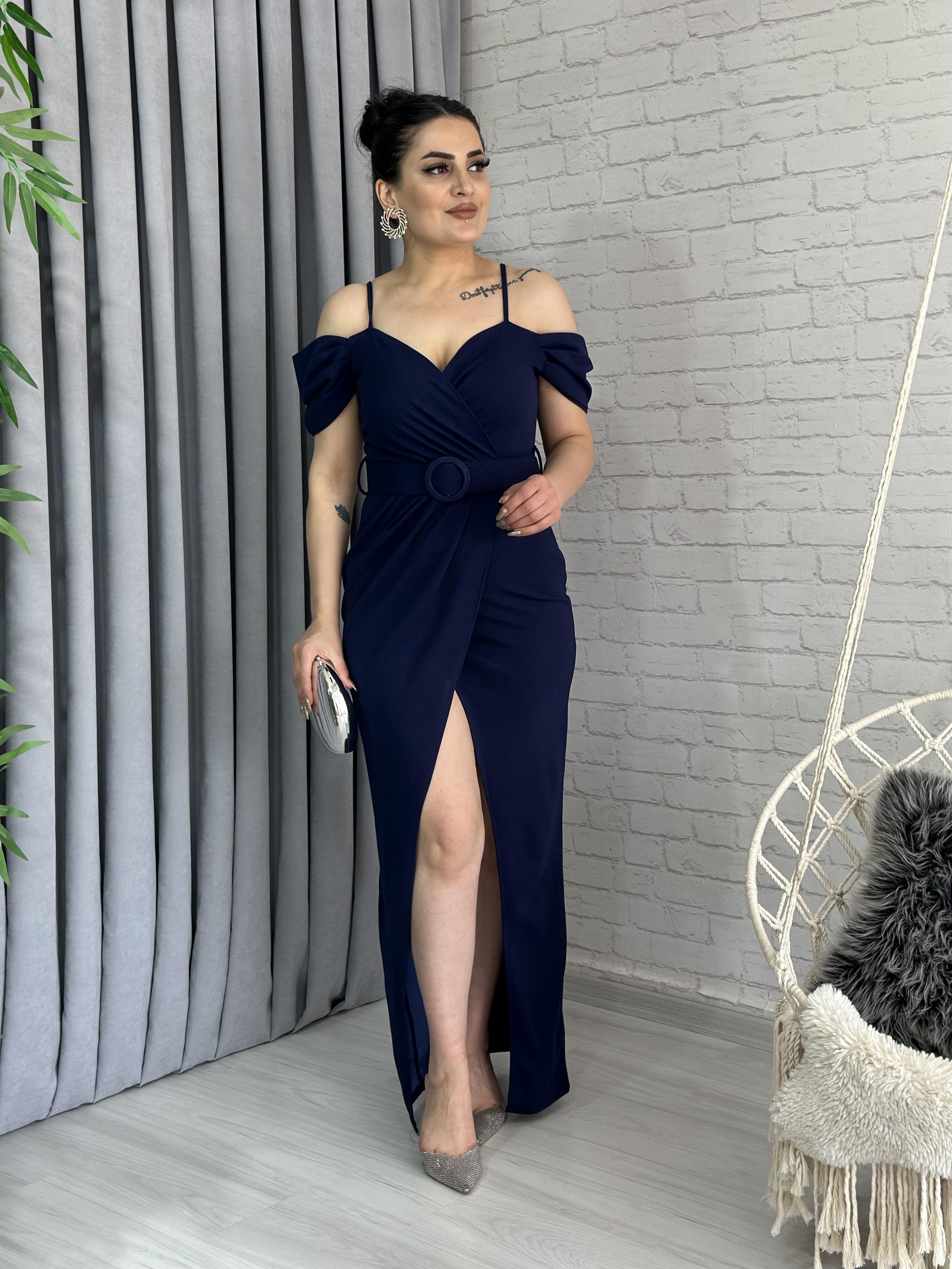 Lacivert İp Askı Balon Kollu Krep Kumaş Yırtmaçlı Abiye Elbise A082